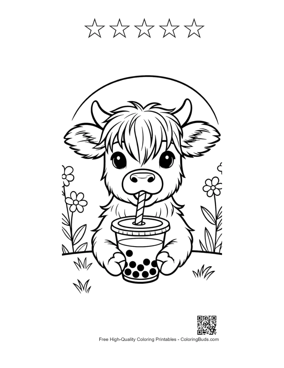 Highland cow calf boba tea printable with 5 star outlines