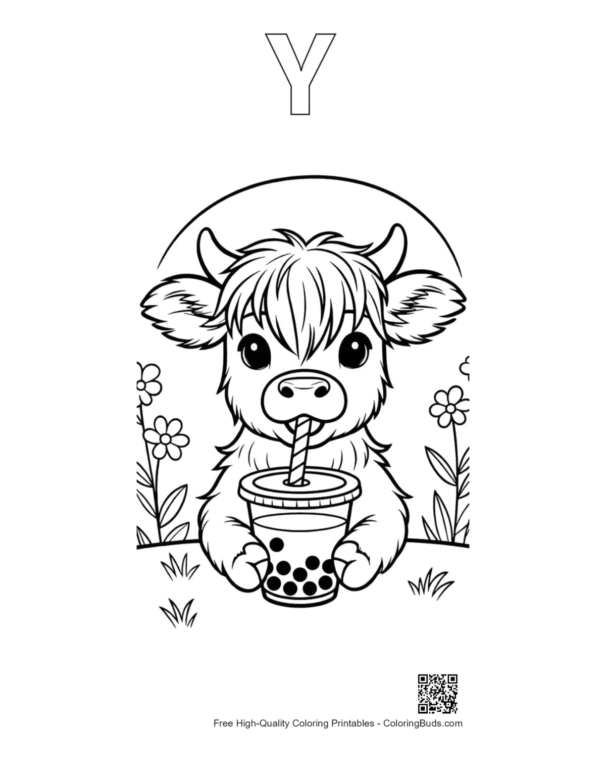 Highland cow calf boba tea printable outline letter Y