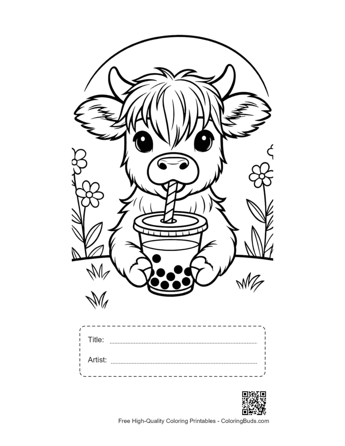 Highland cow calf boba tea printable with title artist box