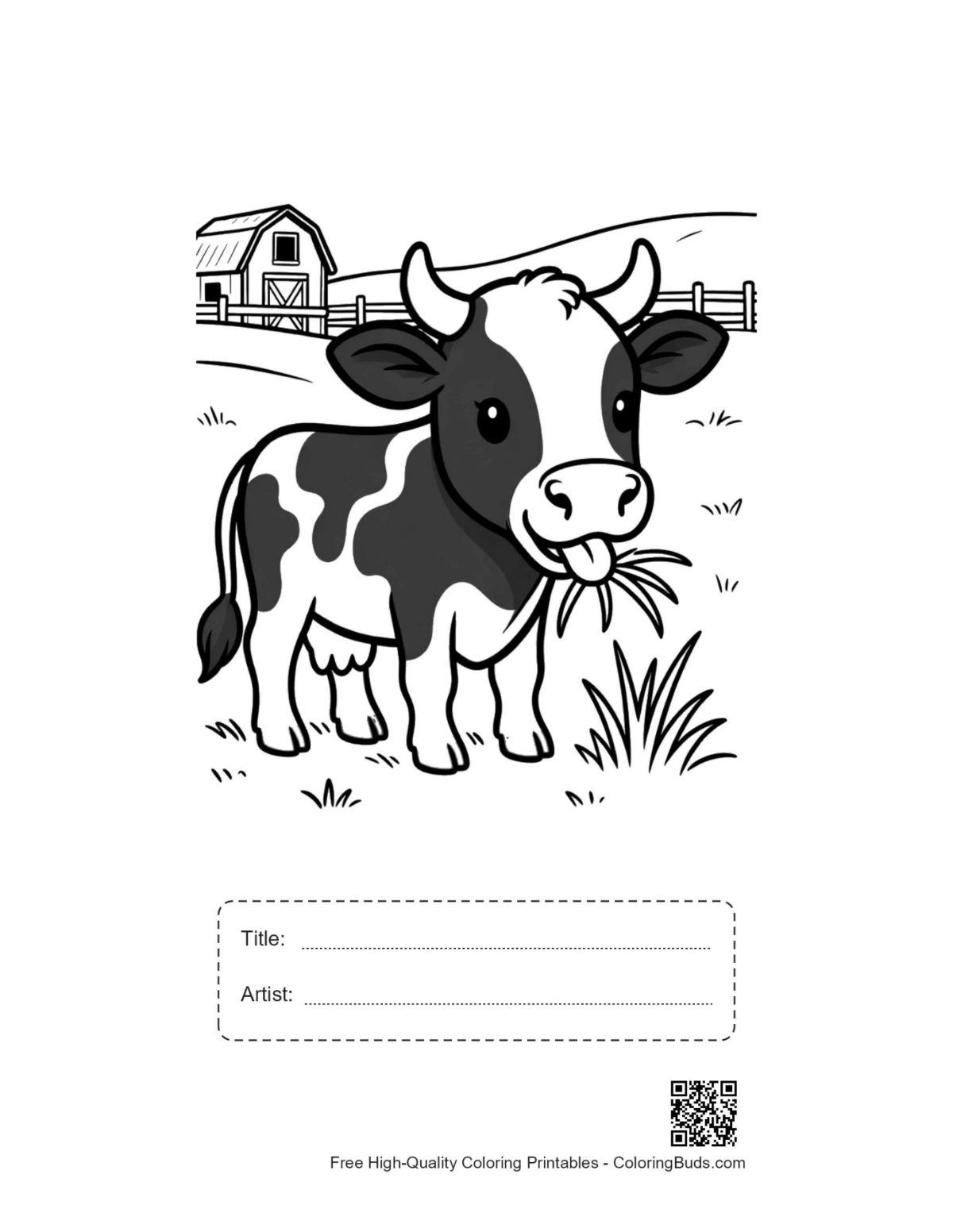 Holstein calf grass printable with title artist box coloring page