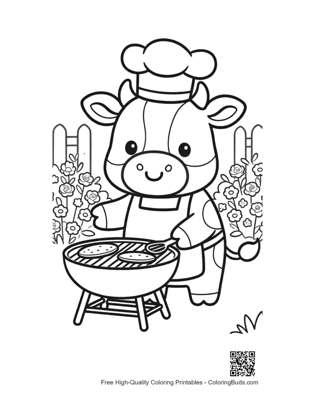 Adorable Holstein cow grilling in garden printable