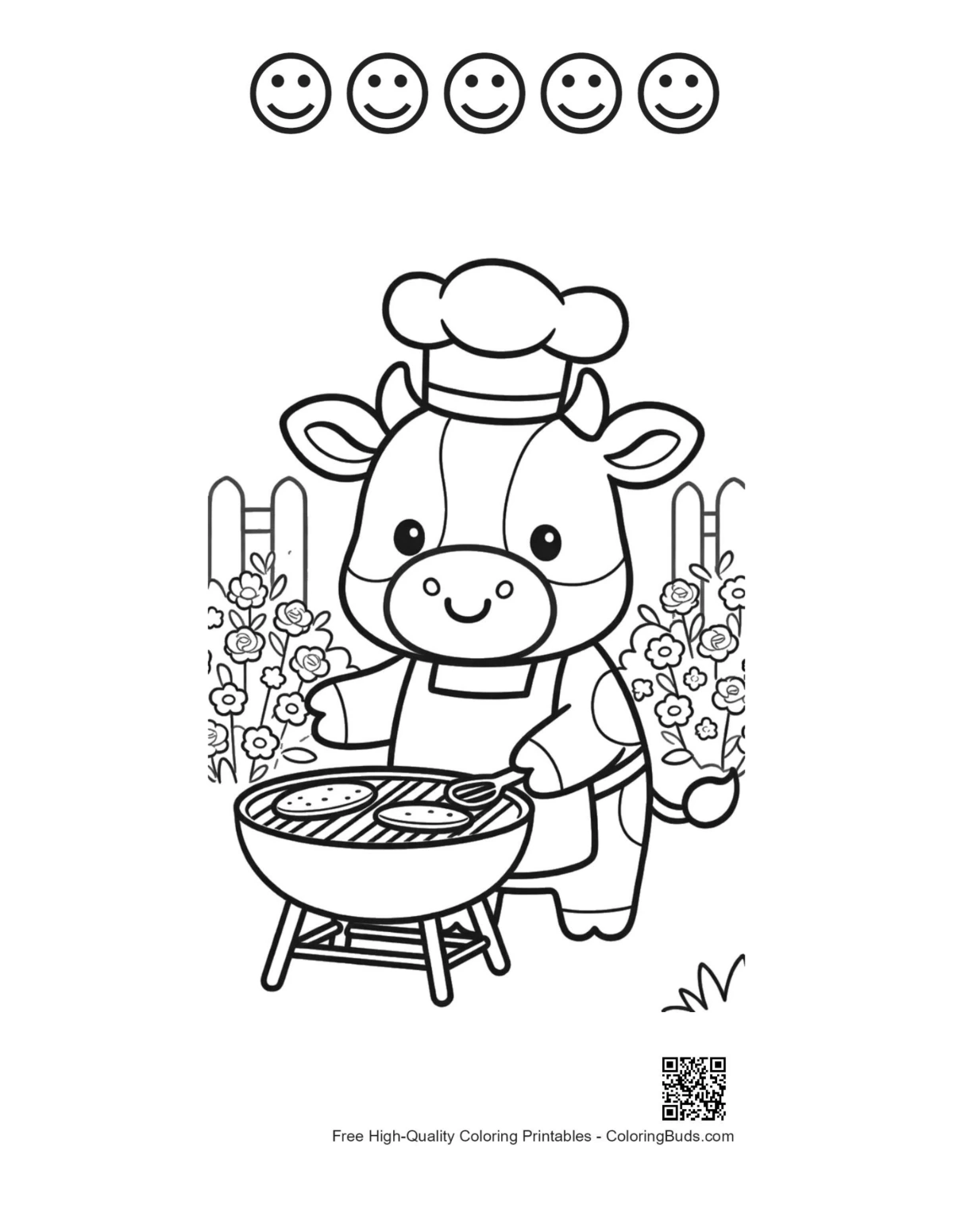 Cute Holstein cow grilling 5 happy faces outline