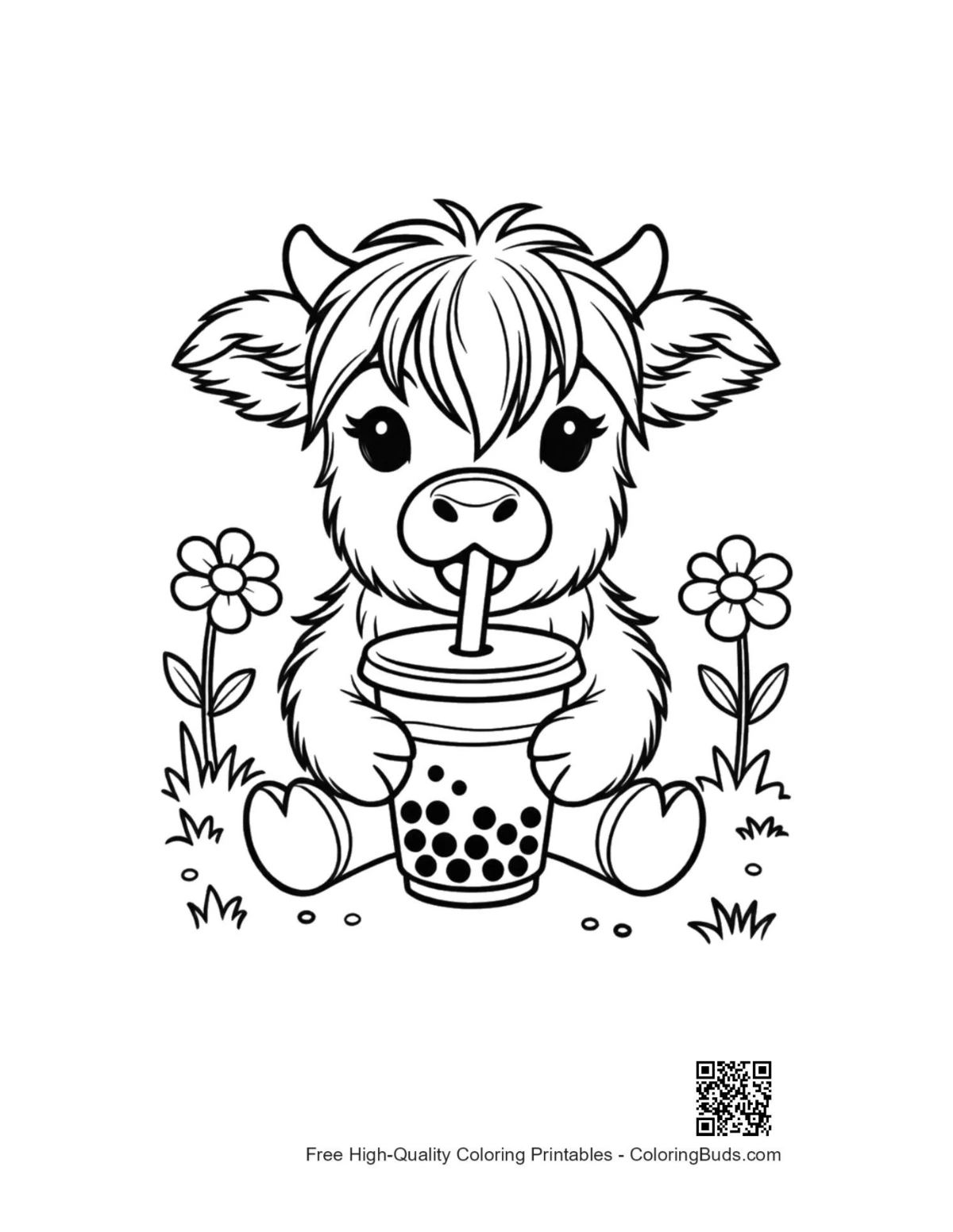 Baby highland cow boba tea printable coloring page