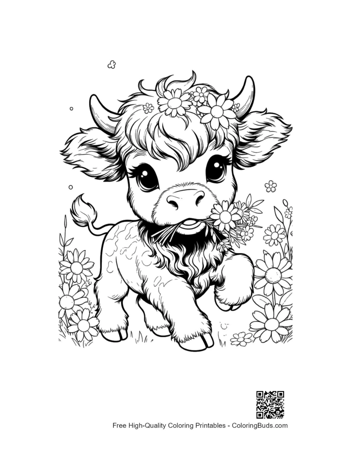 Baby Highland cow flower mouth printable coloring page