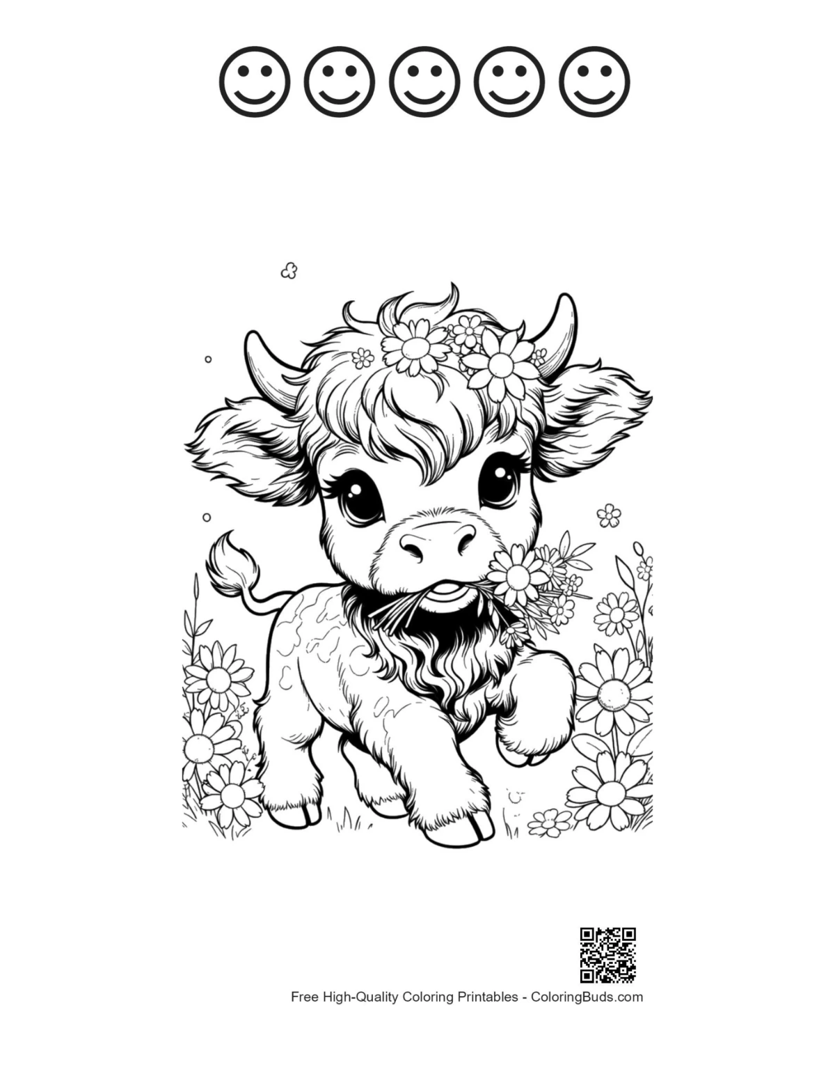 Cute cow flower 5 happy faces outline printable