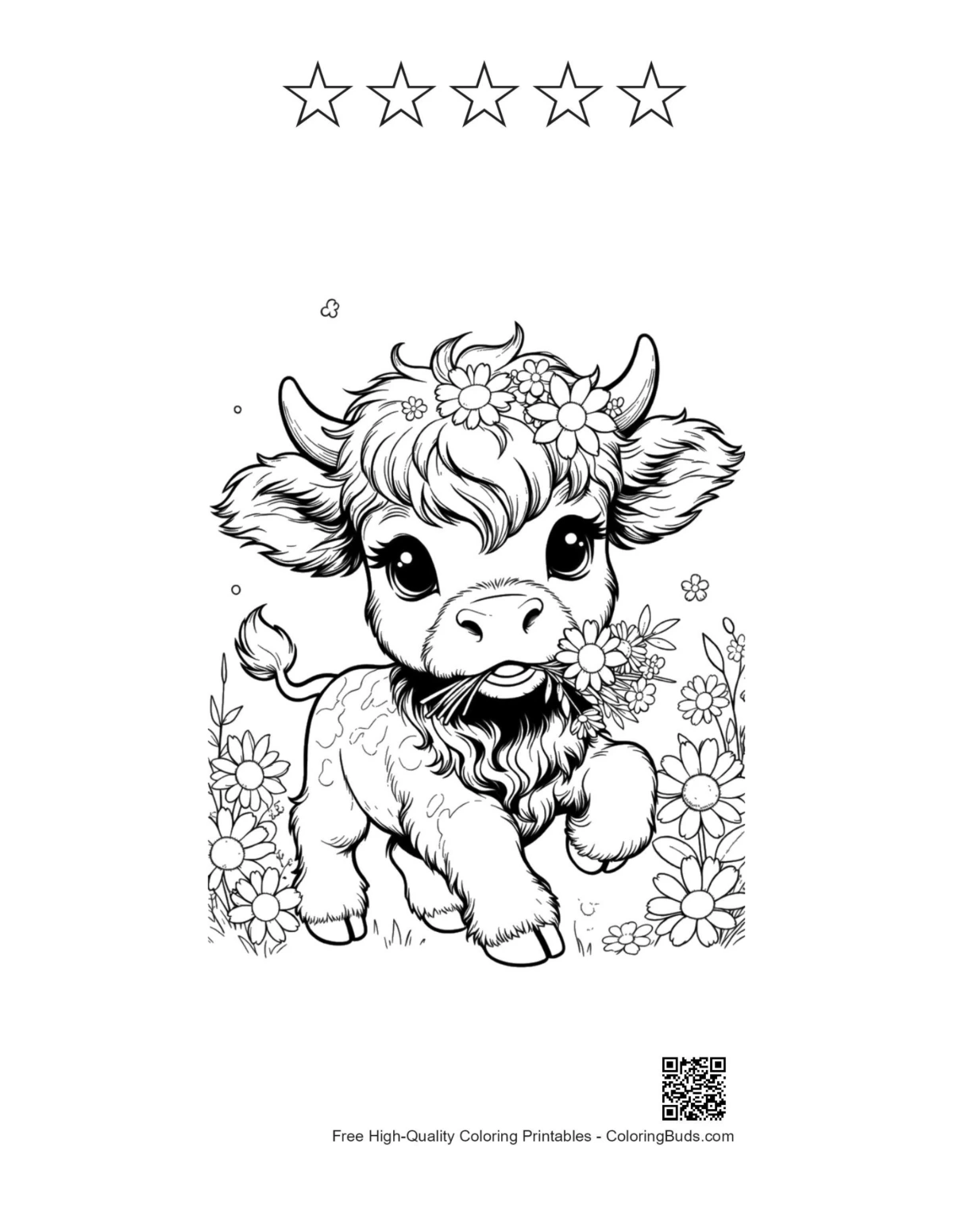 Baby cow flower with 5 stars outline printable