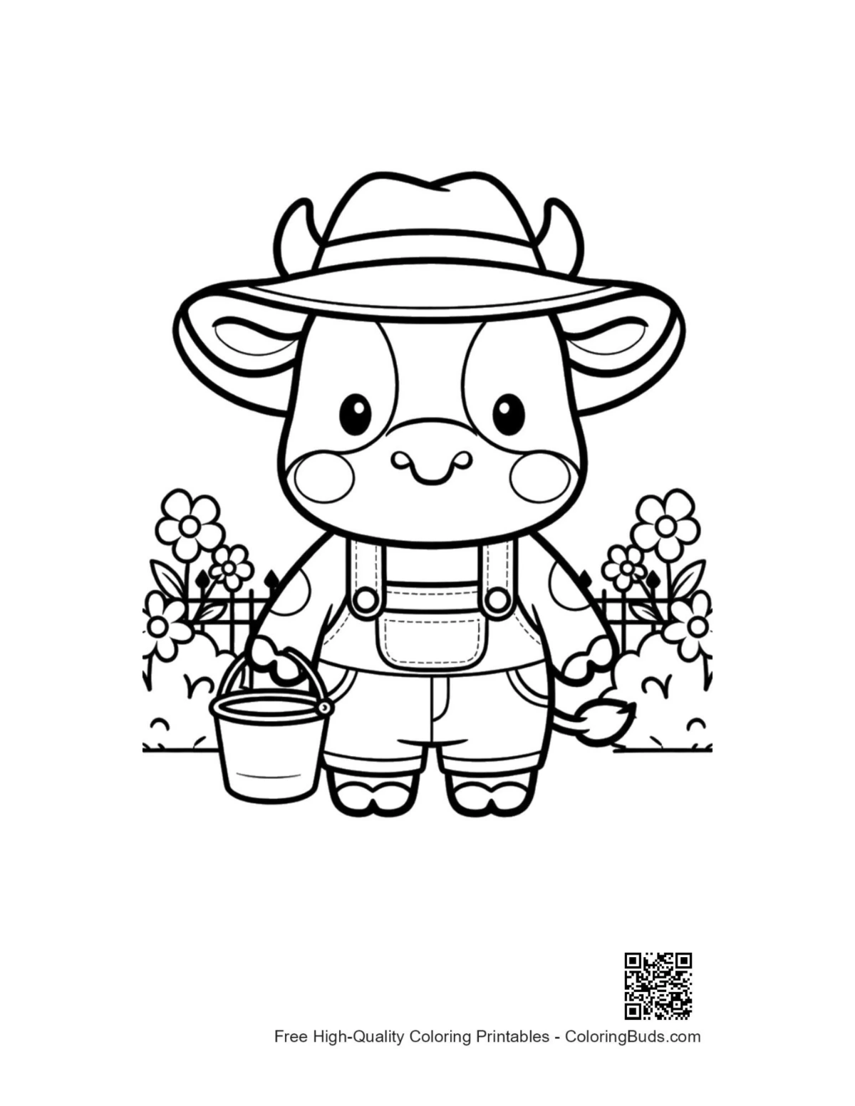 Holstein cow farmer hat milk pails printable coloring page