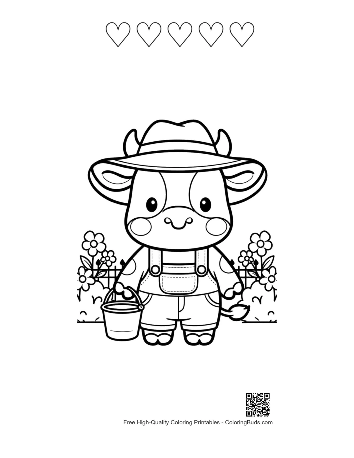 Holstein cow farmer printable with 5 heart outlines coloring page