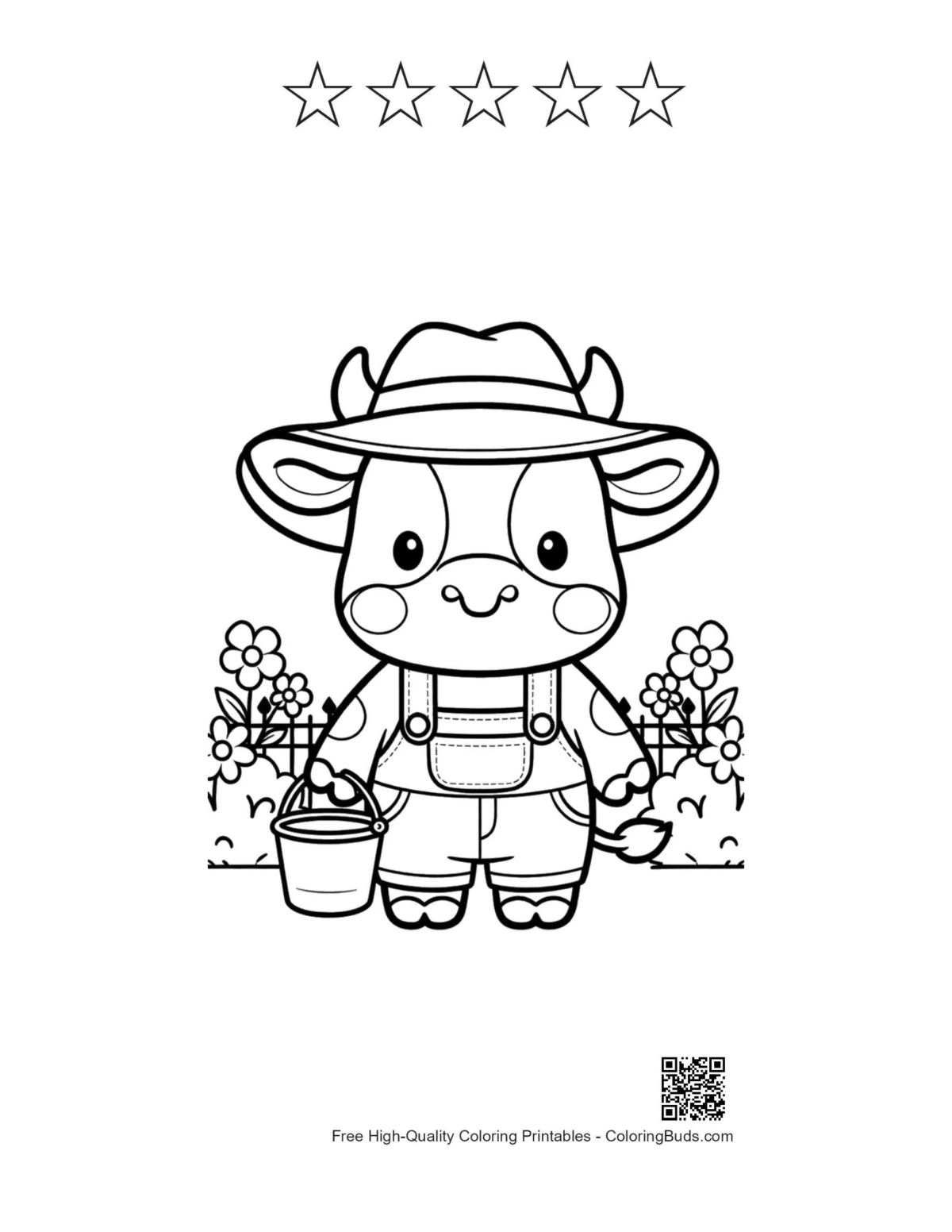 Printable cow farmer hat pails with 5 star outlines coloring