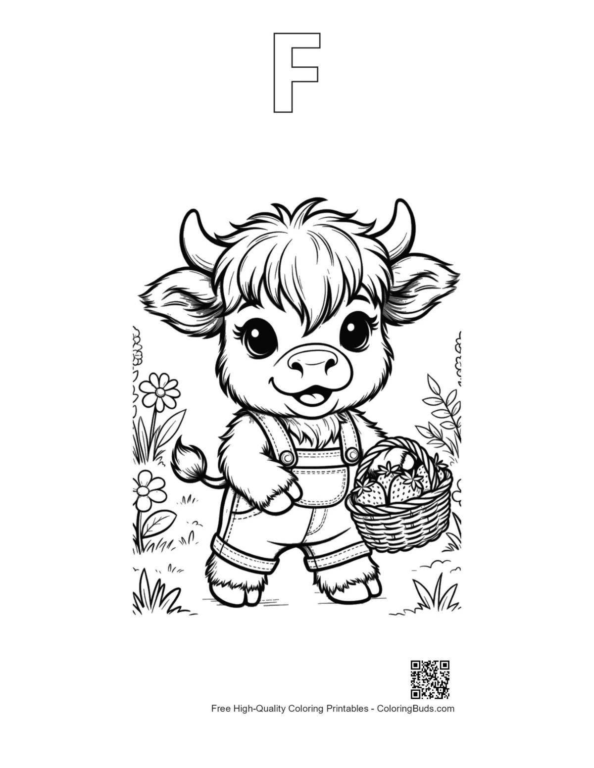 Baby Highland cow gardener printable with alphabet F outline