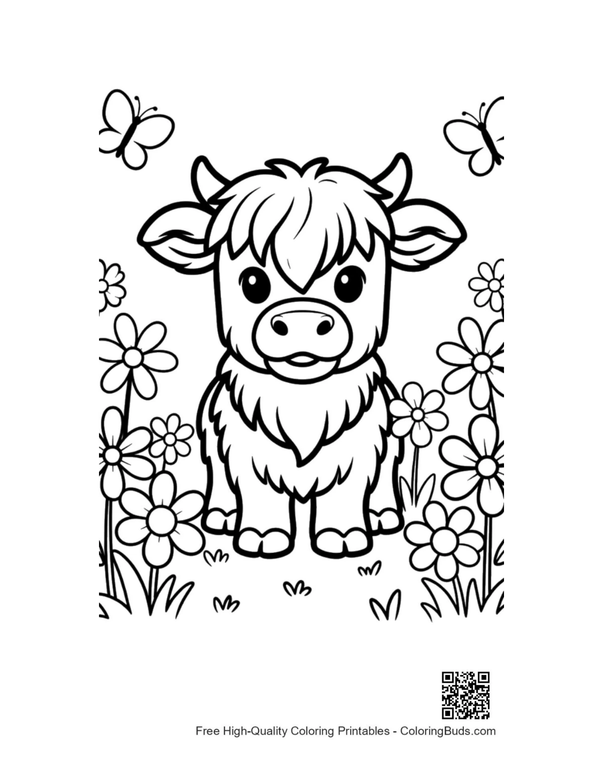 Cute baby Highland cow flower field printable coloring page