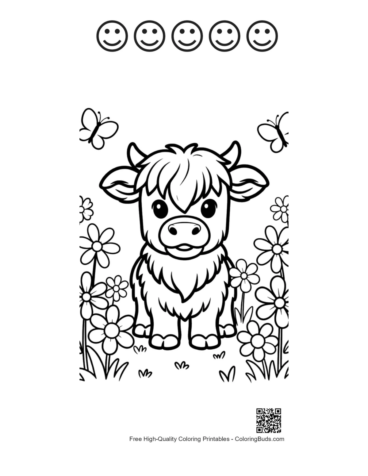 Highland cow flower field with 5 happy faces outline printable