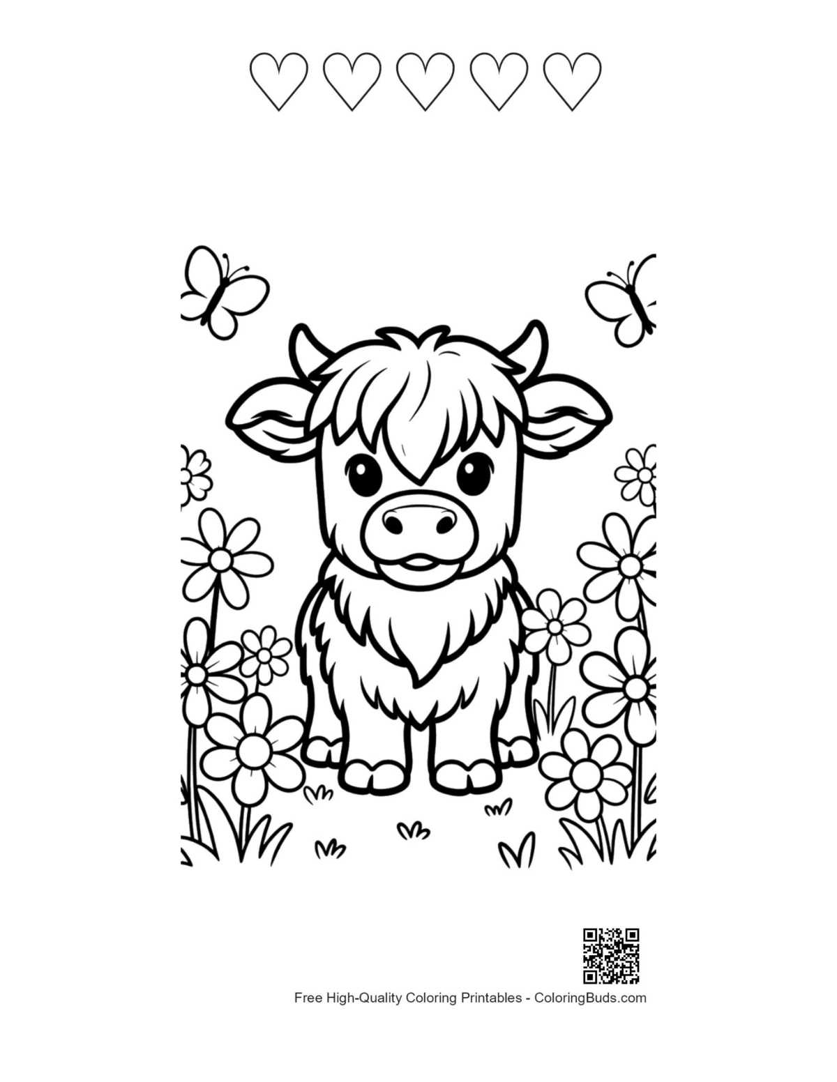 Baby Highland cow with 5 heart outlines flower field coloring page
