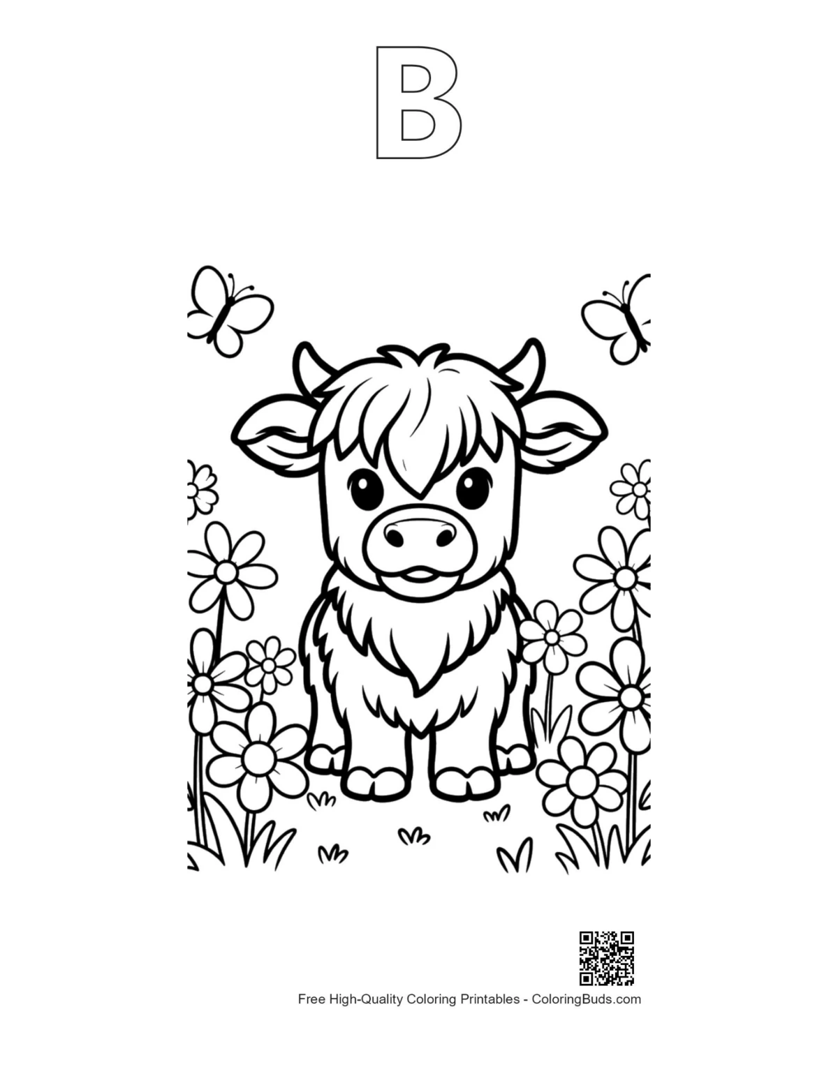 Baby Highland cow flower field outline with alphabet B printable