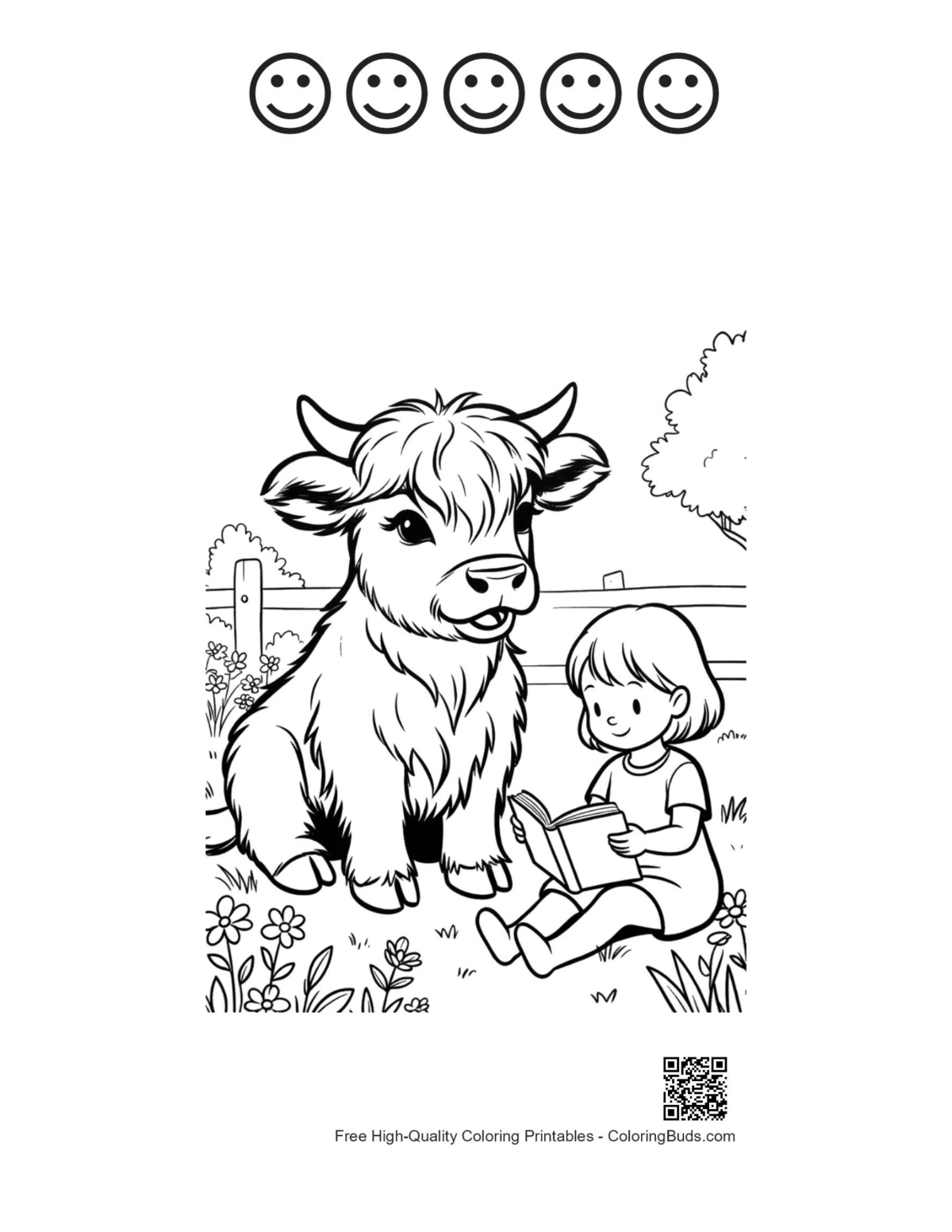 Baby Highland cow girl printable with 5 happy faces outline