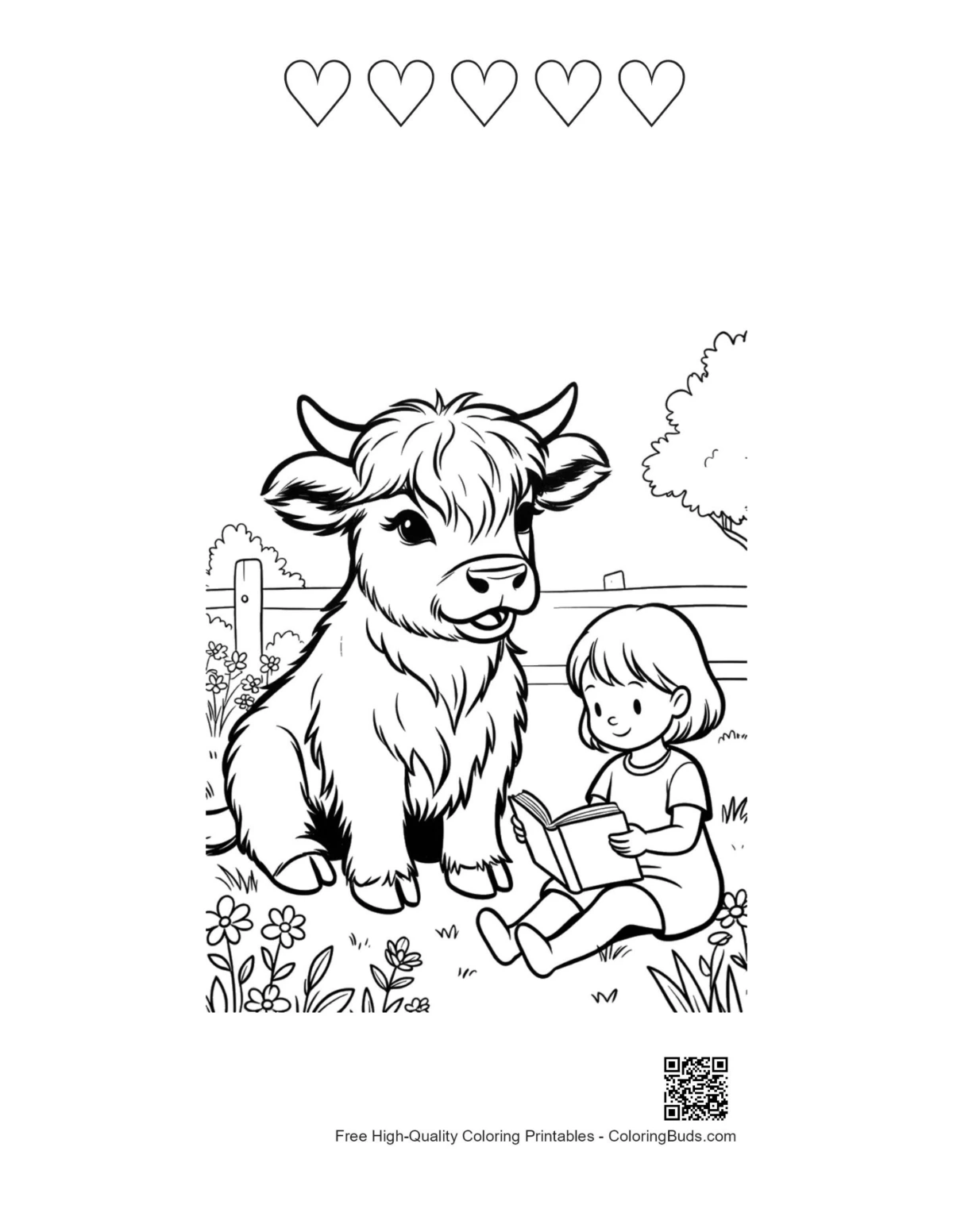 Cute baby Highland cow girl printable with 5 hearts outline