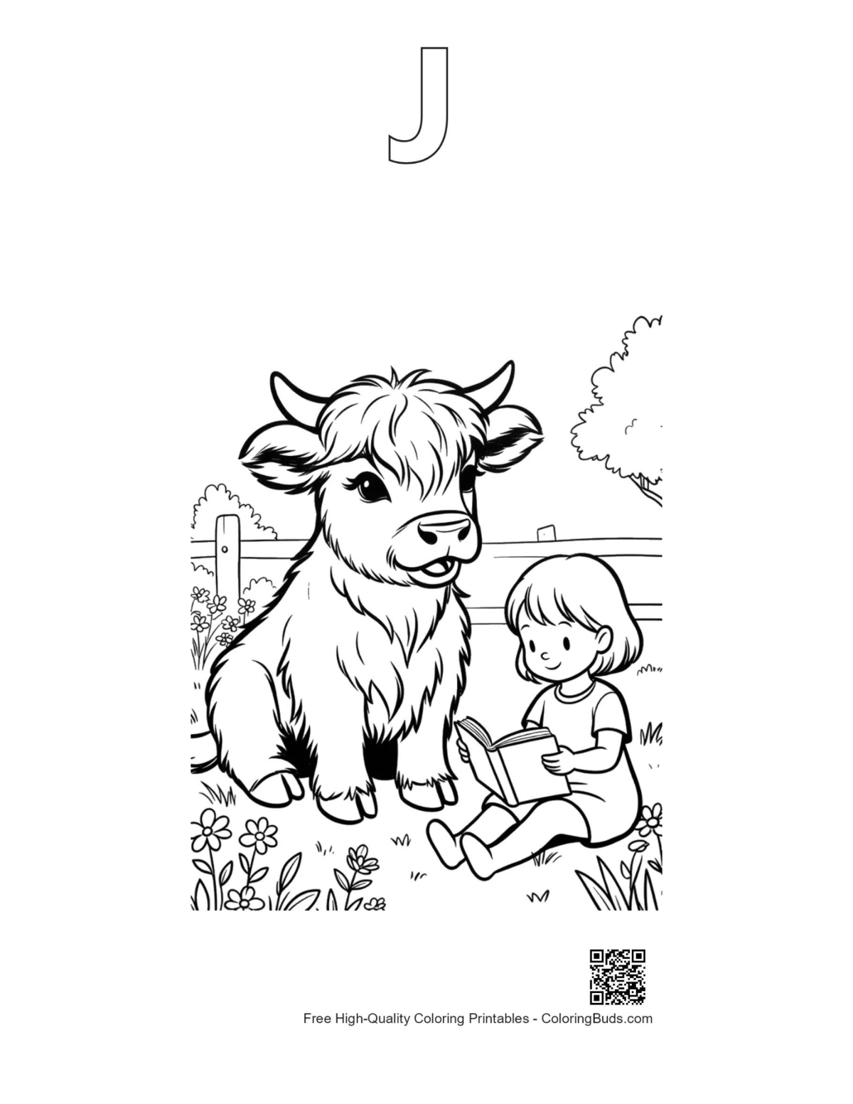 Baby Highland cow girl printable outline with alphabet J