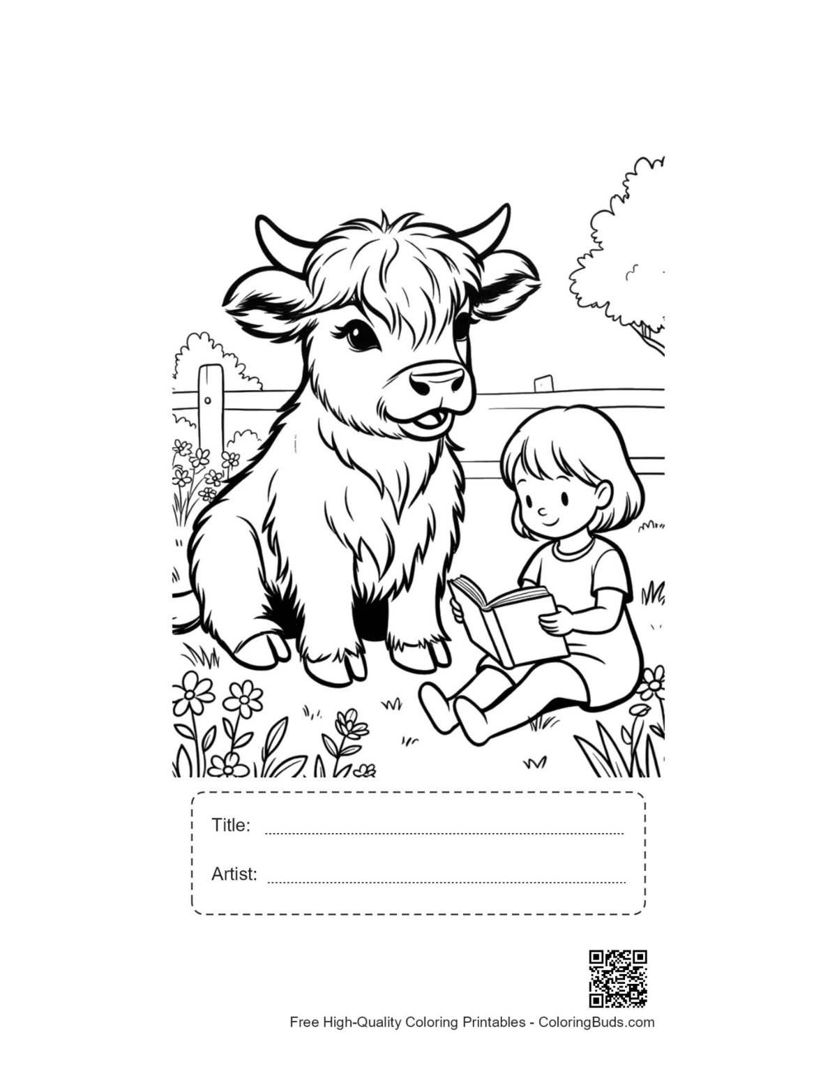 Cute baby Highland cow girl printable with title artist box