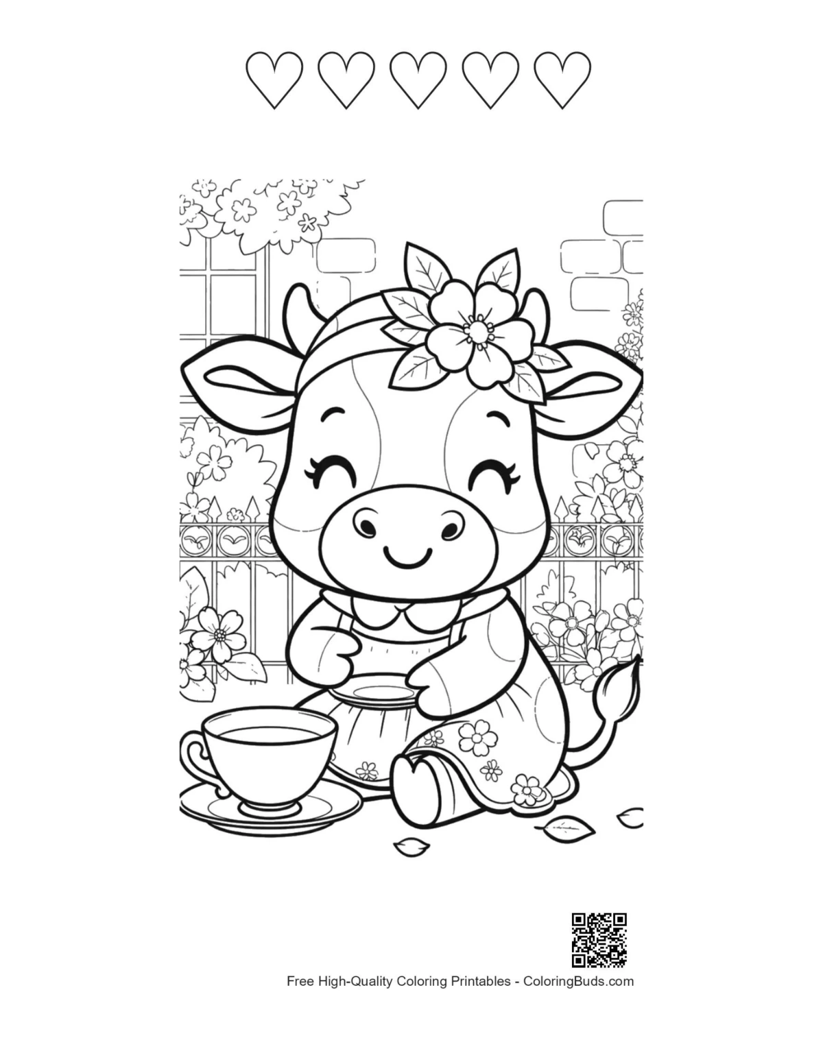 Cute Holstein cow garden party 5 heart outline printable