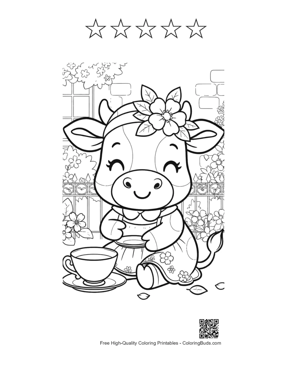 Cute Holstein cow garden party 5-star outline coloring printable