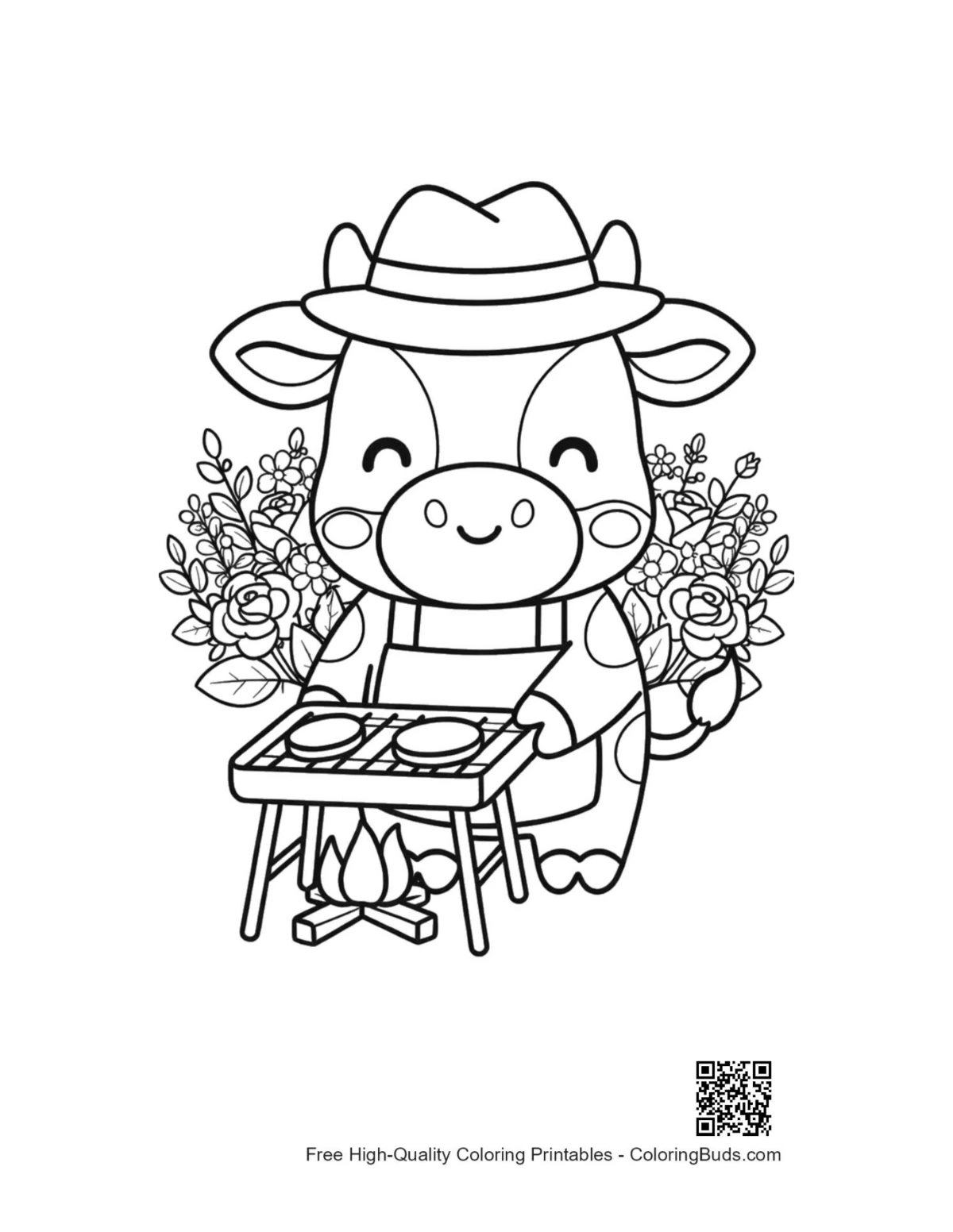 Cute Holstein cow with hat by BBQ grill