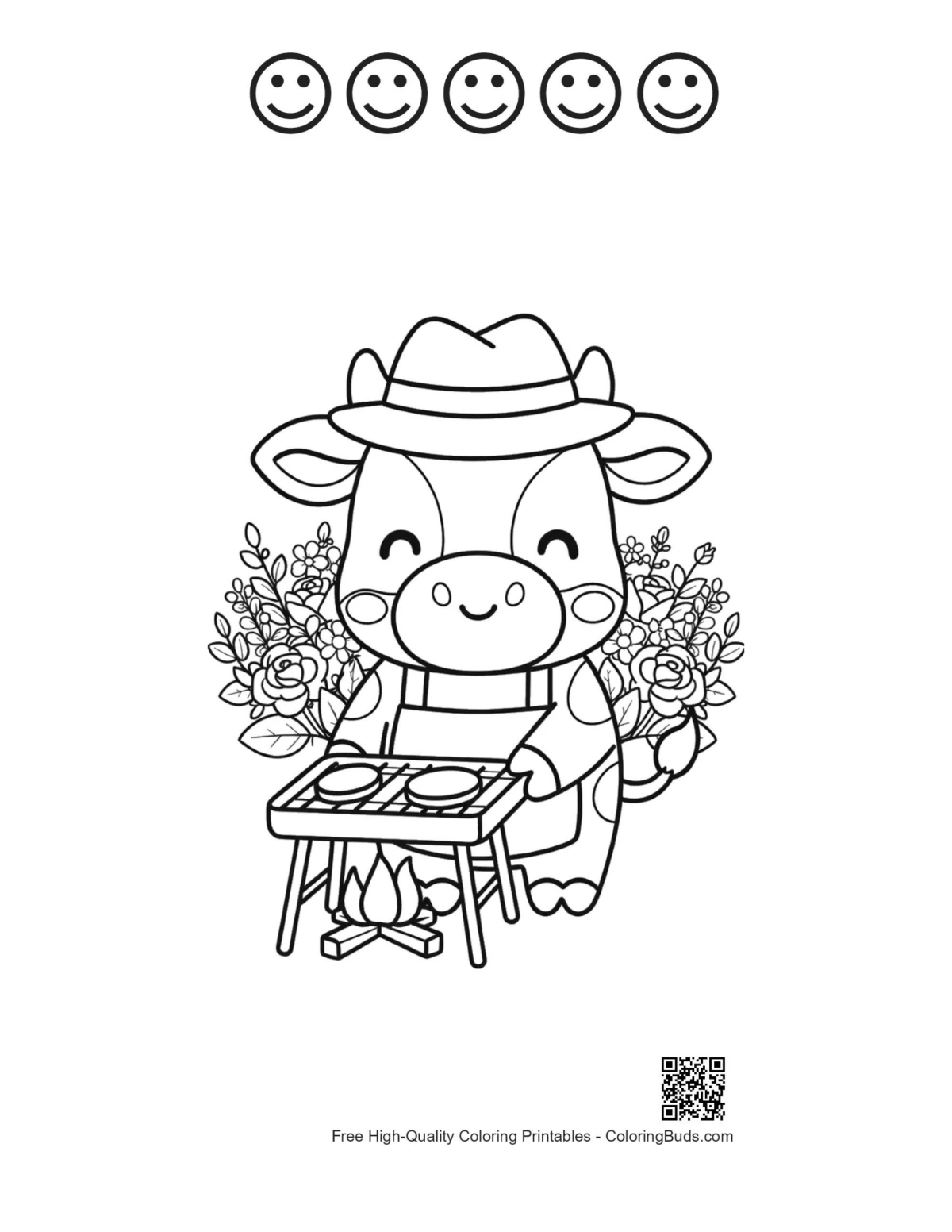 Happy face outline cute cow hat BBQ printable