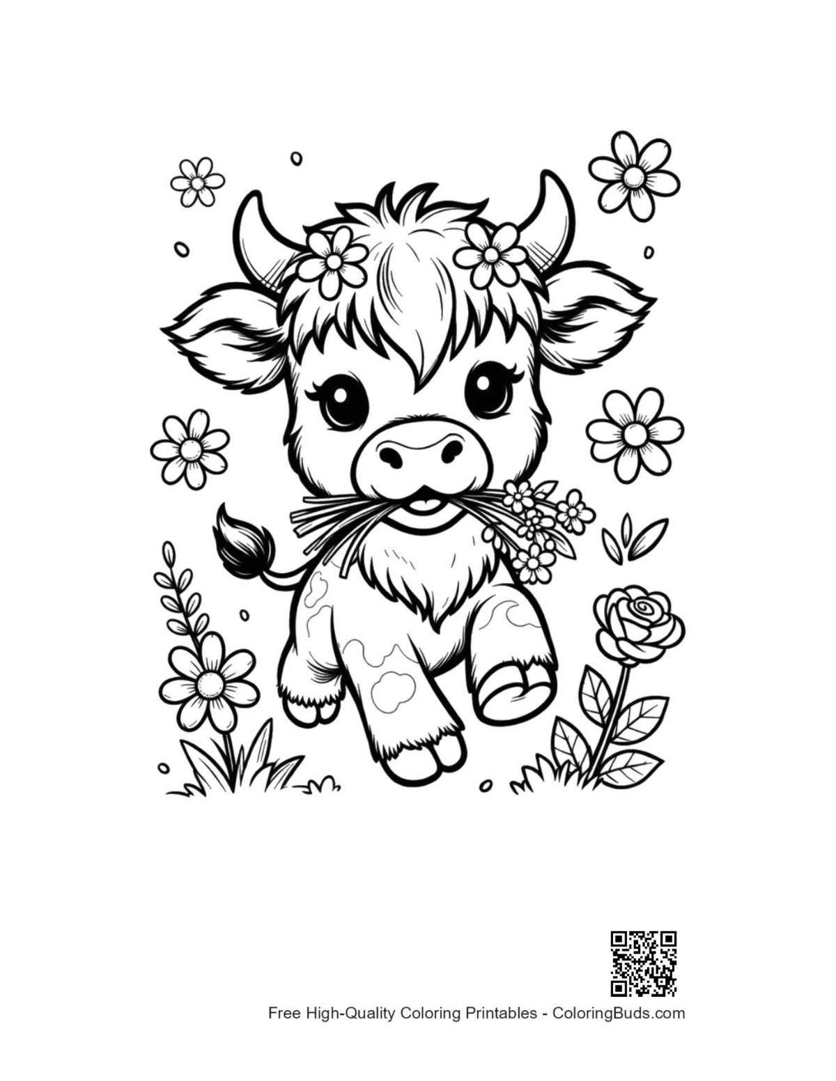 Cute highland cow calf flower printable coloring page