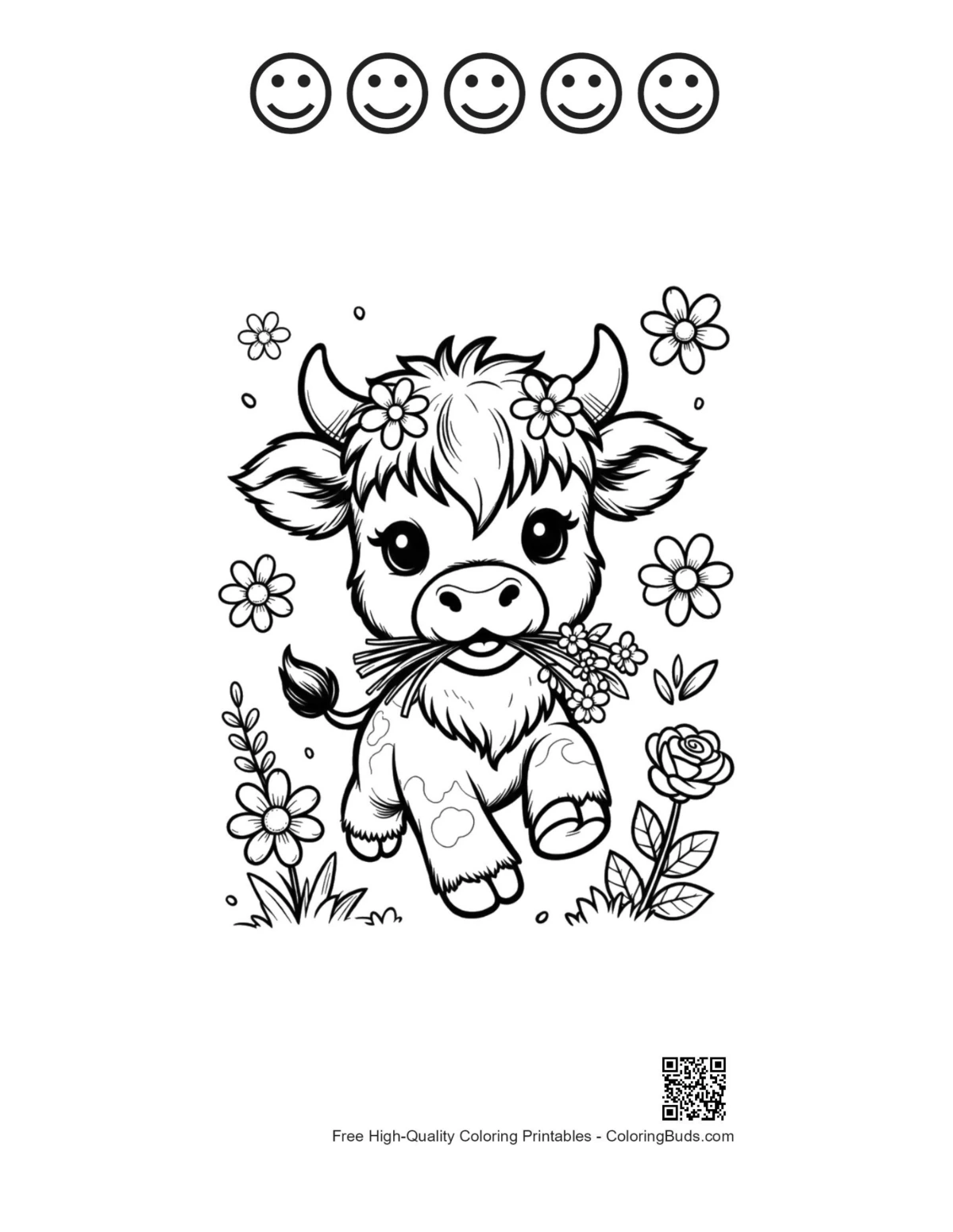 Cute cow calf flower printable happy faces outlines