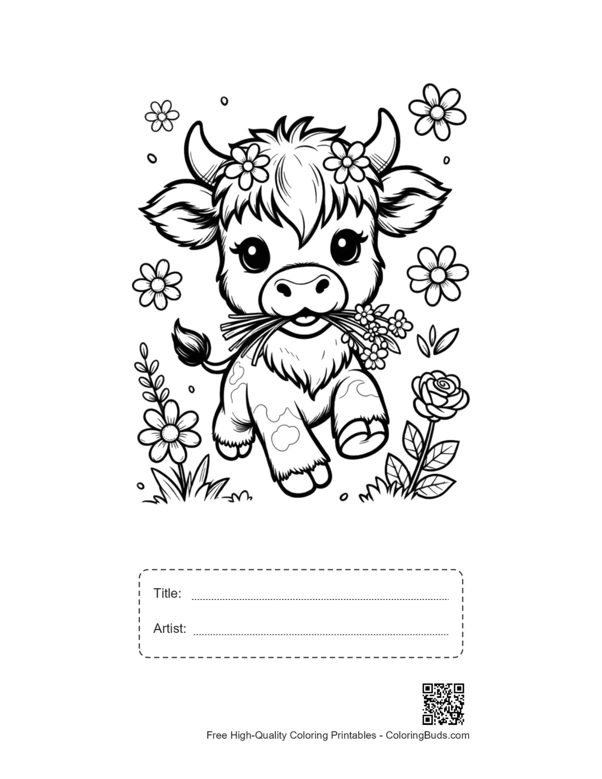 Cute highland cow calf flower printable with title box
