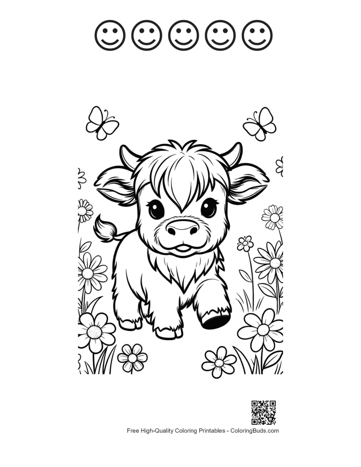 Cute Highland cow page with 5 happy faces