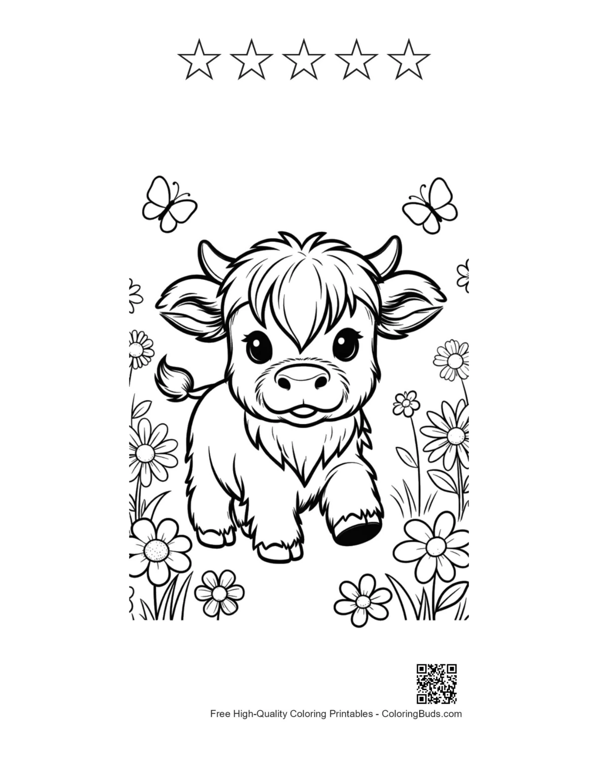 Cute Highland cow printable with 5 star outlines