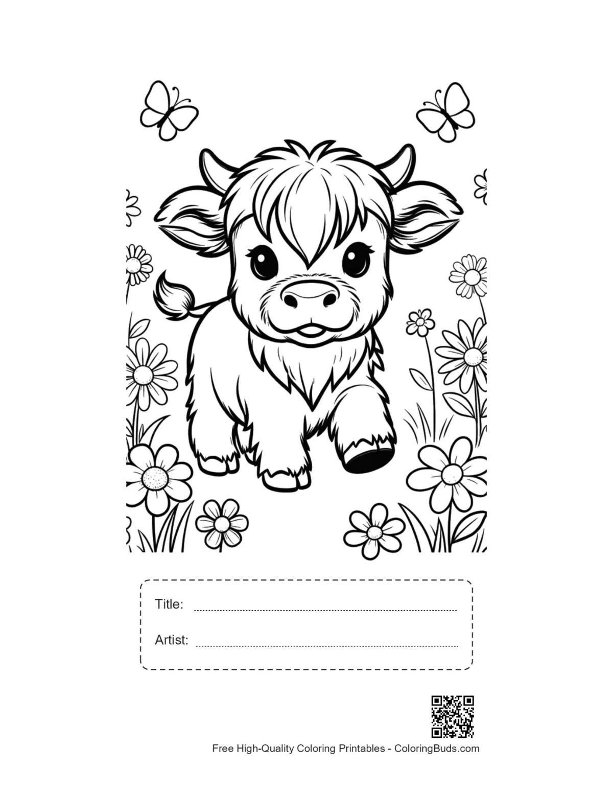 Cute Highland cow printable with title and artist box