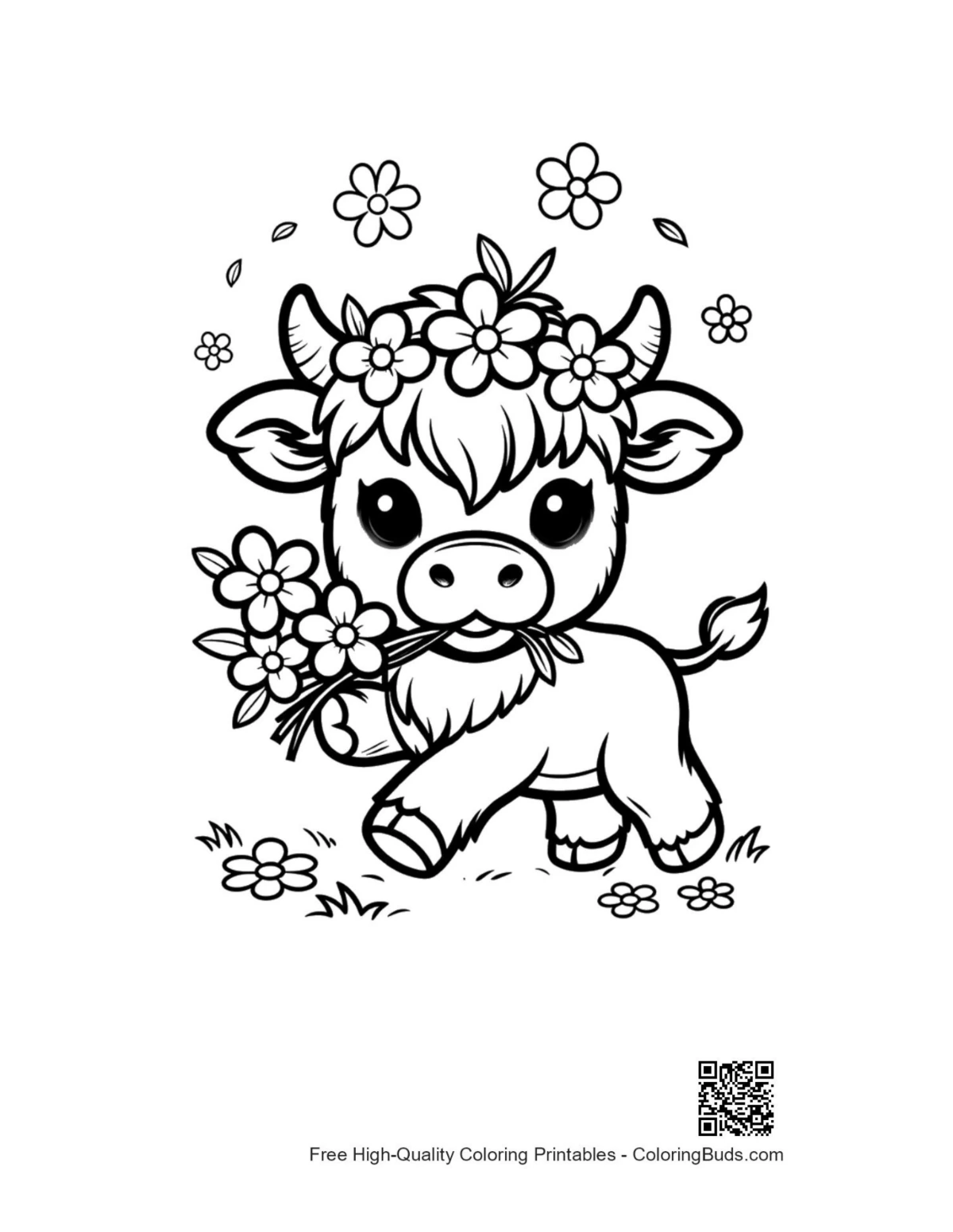 Cute Highland Cow printable coloring page outline