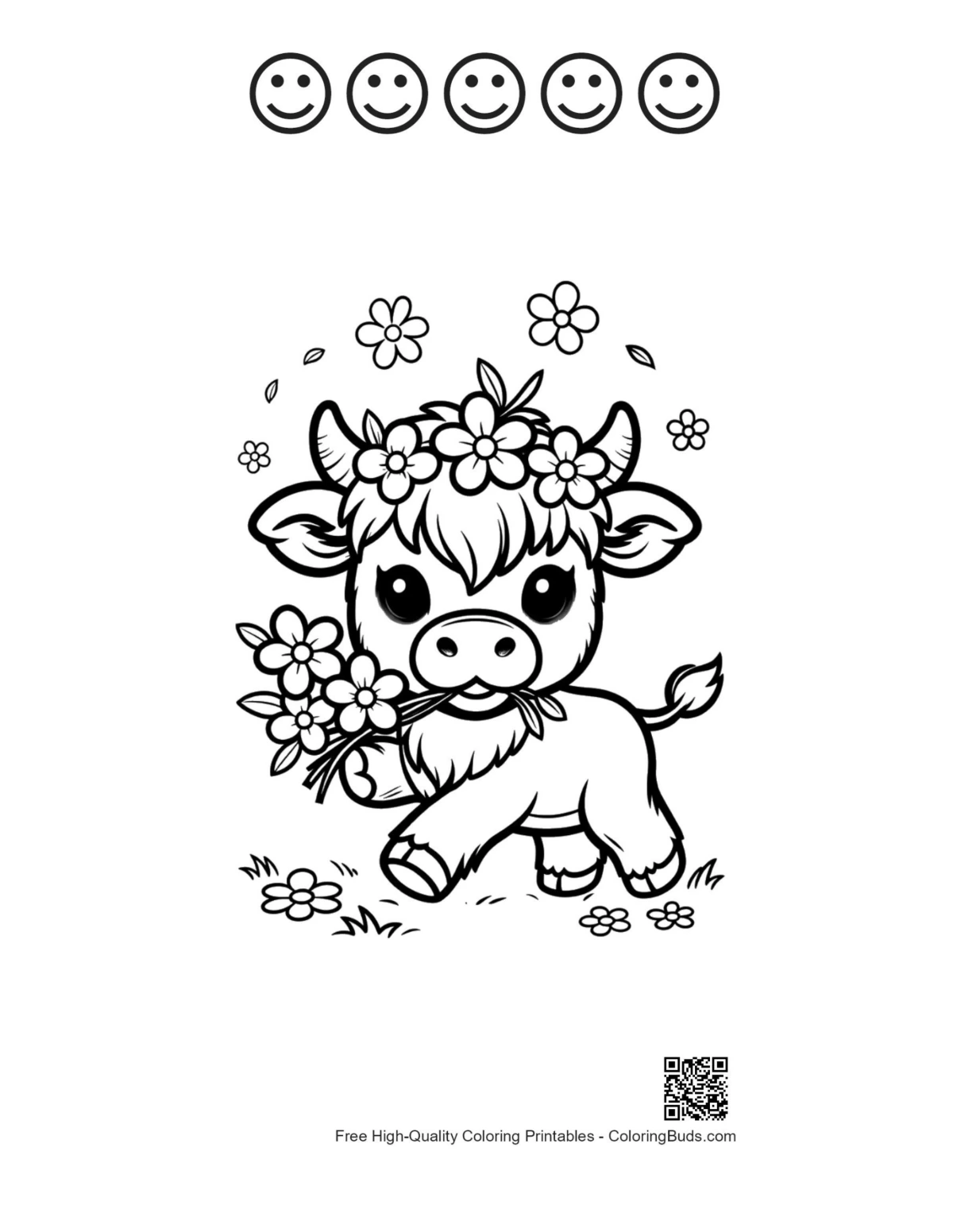 Cute Highland Cow with 5 happy faces outline