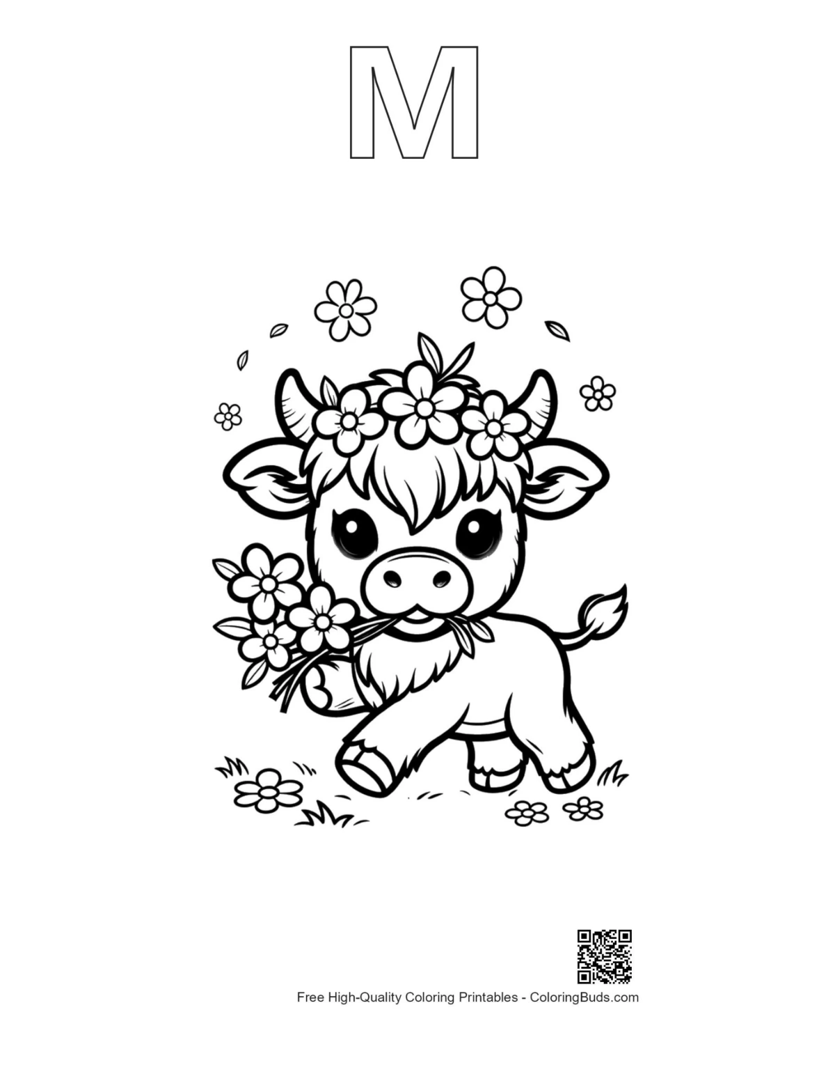 Cute Highland Cow outline alphabet letter M printable