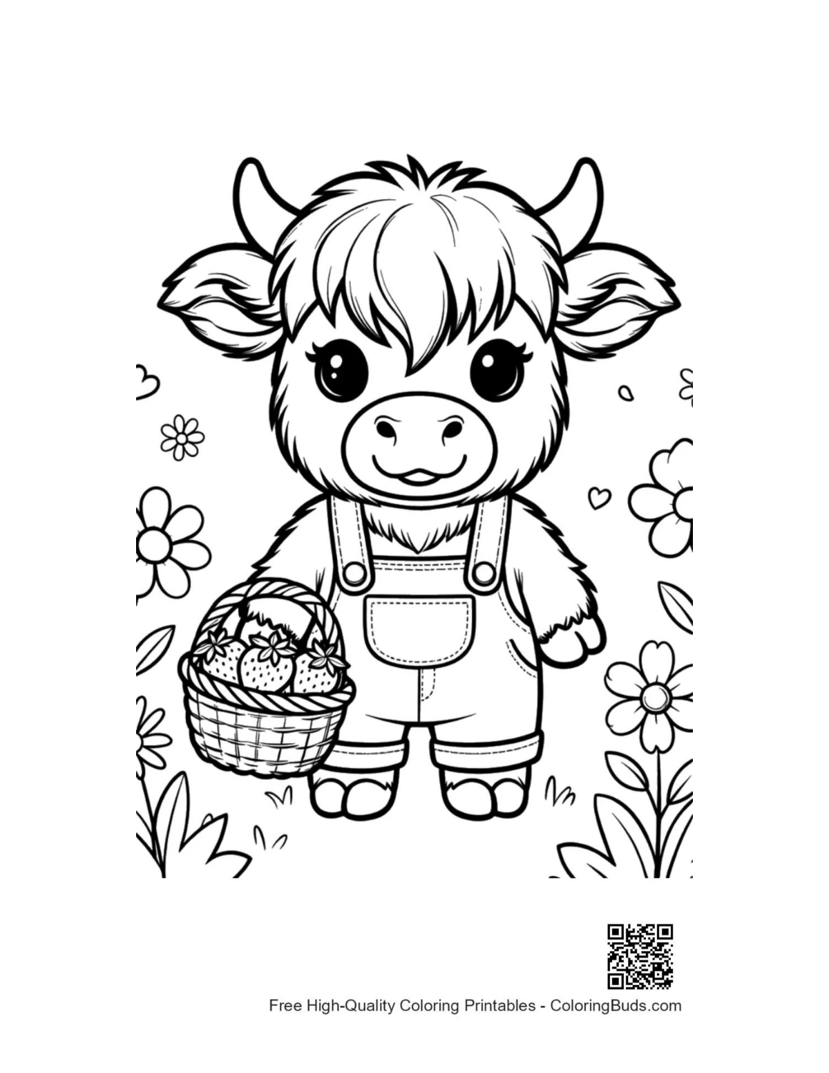 Cute highland cow outline coloring page printable