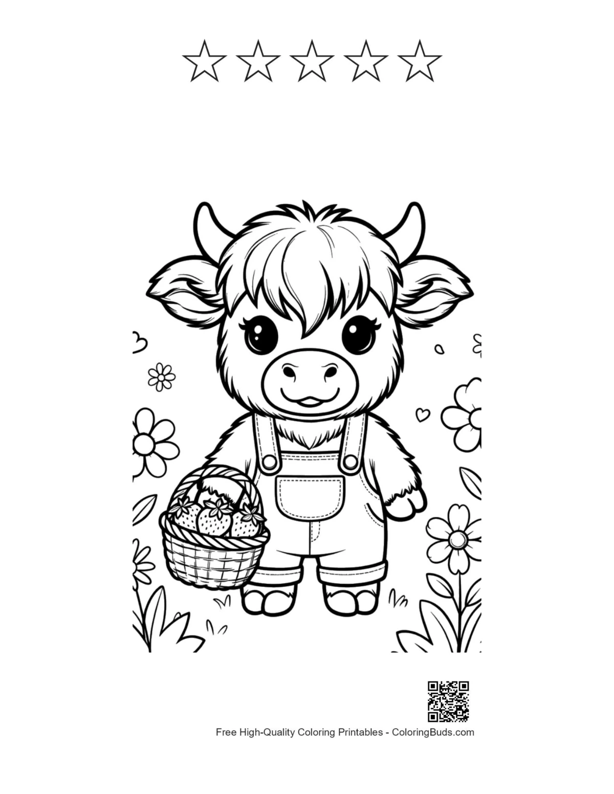 Cute highland cow with 5 star outlines coloring page