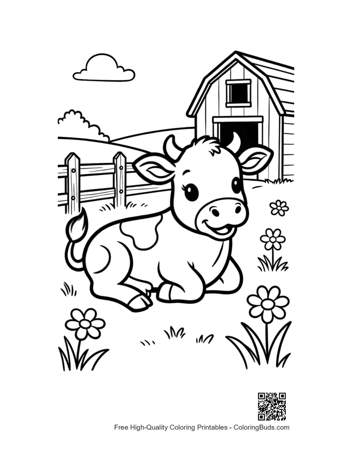 Cute Holstein calf sitting peacefully in pasture coloring page