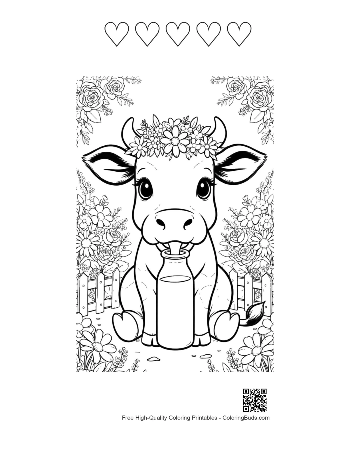 Cute calf coloring with hearts and milk printable