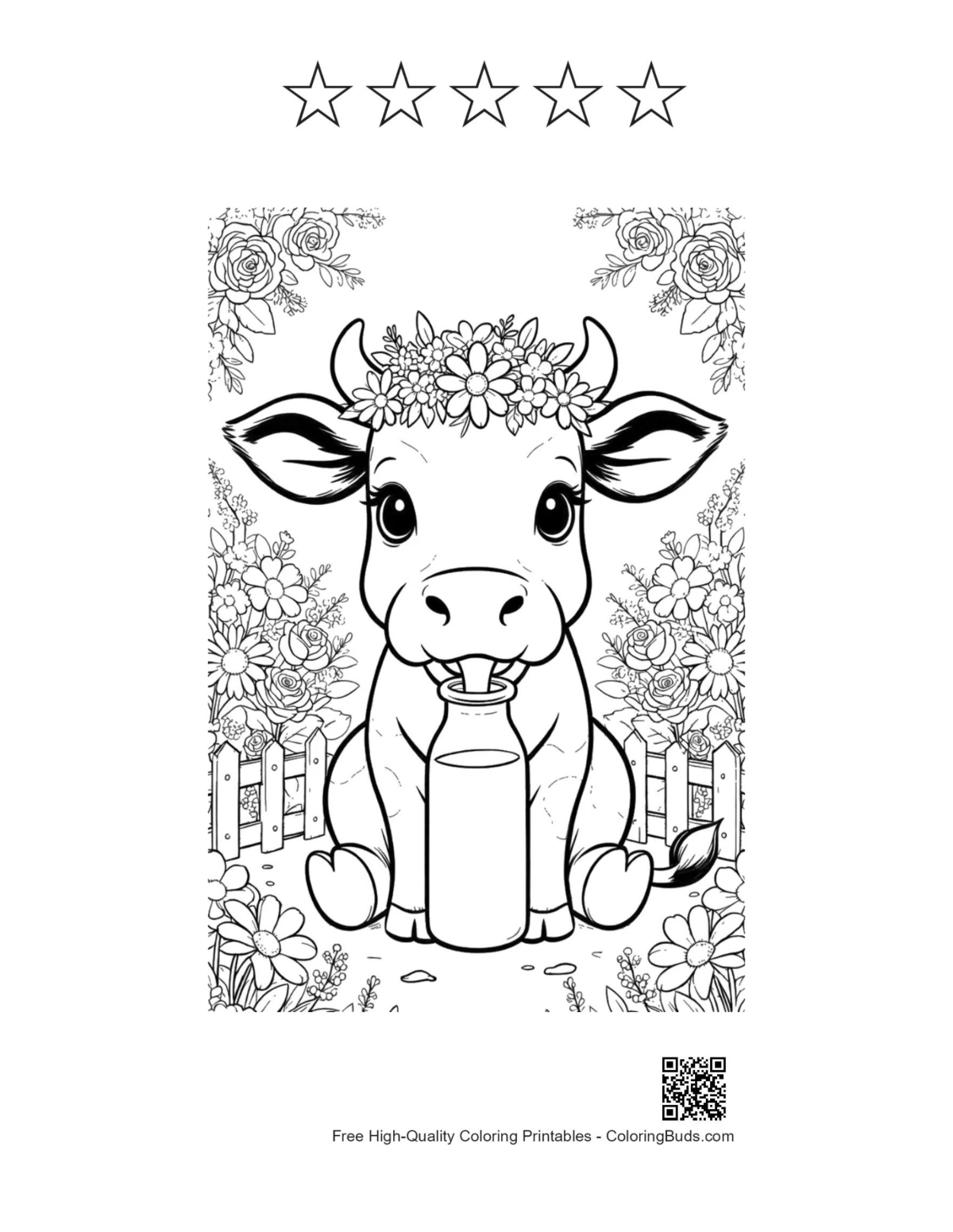 Cute Holstein calf with 5 stars printable outline