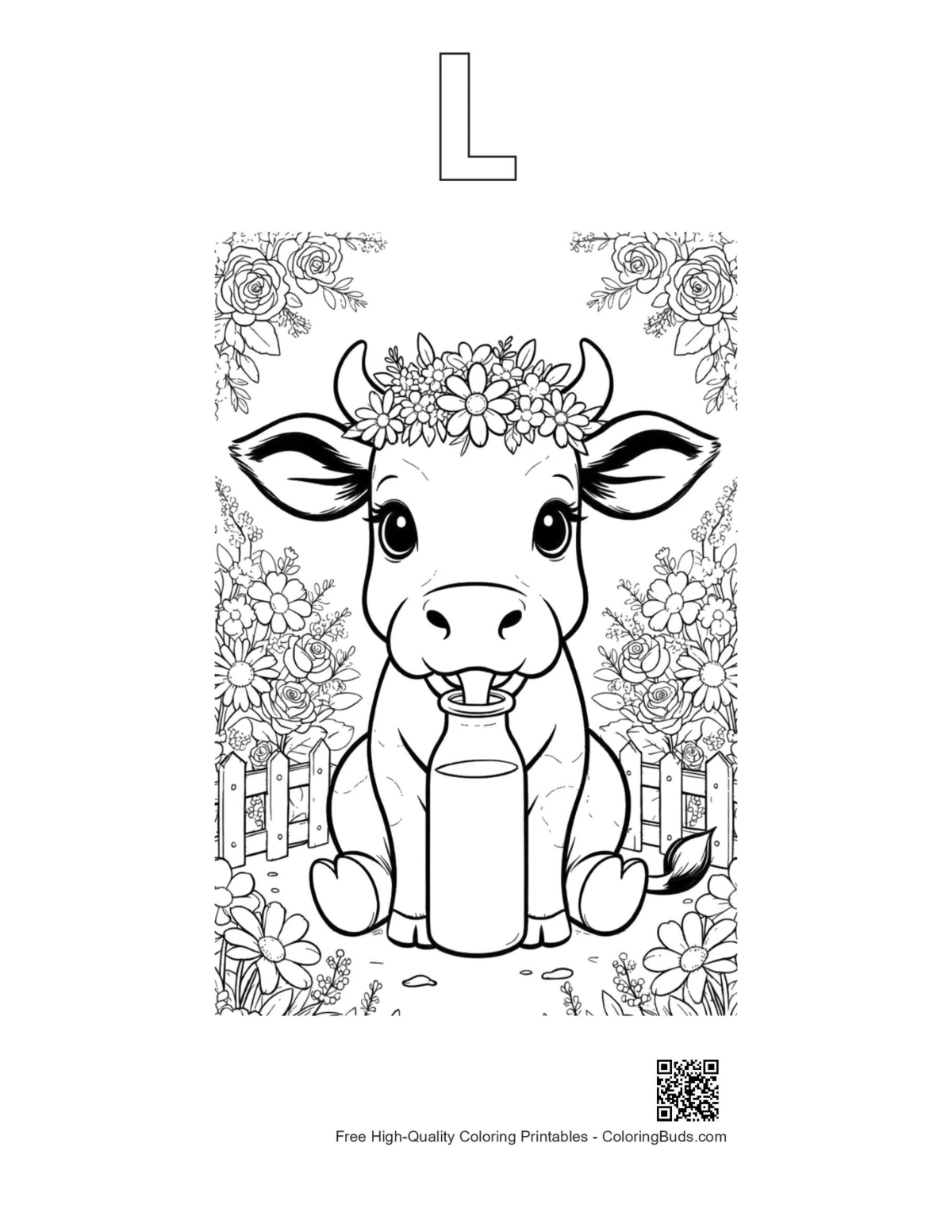 Holstein calf printable with alphabet L outline
