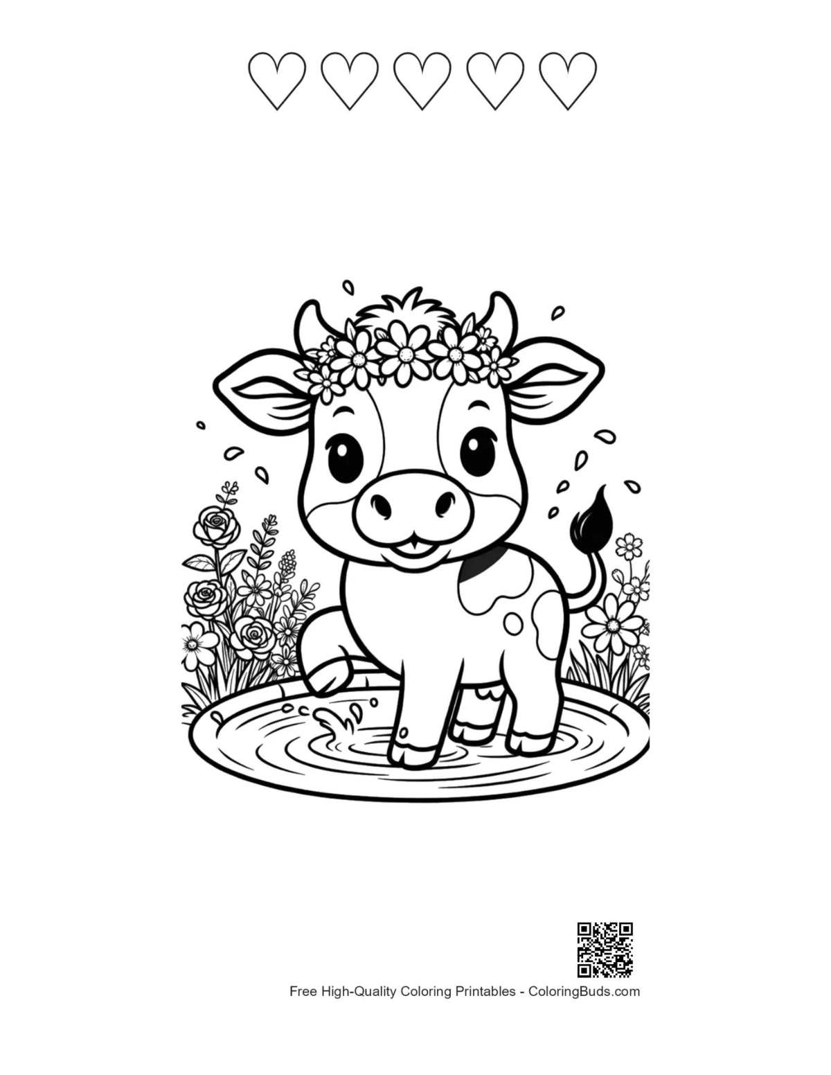 Heart-themed Holstein cow printable coloring sheet