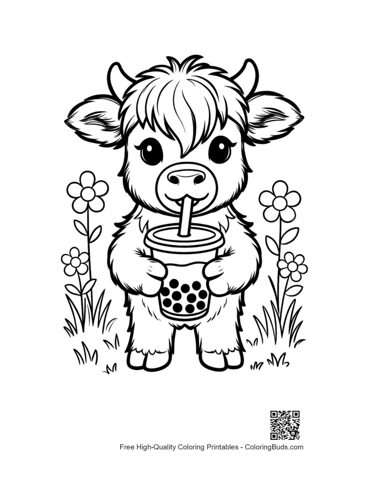 Easy printable Highland Cow coloring page outline