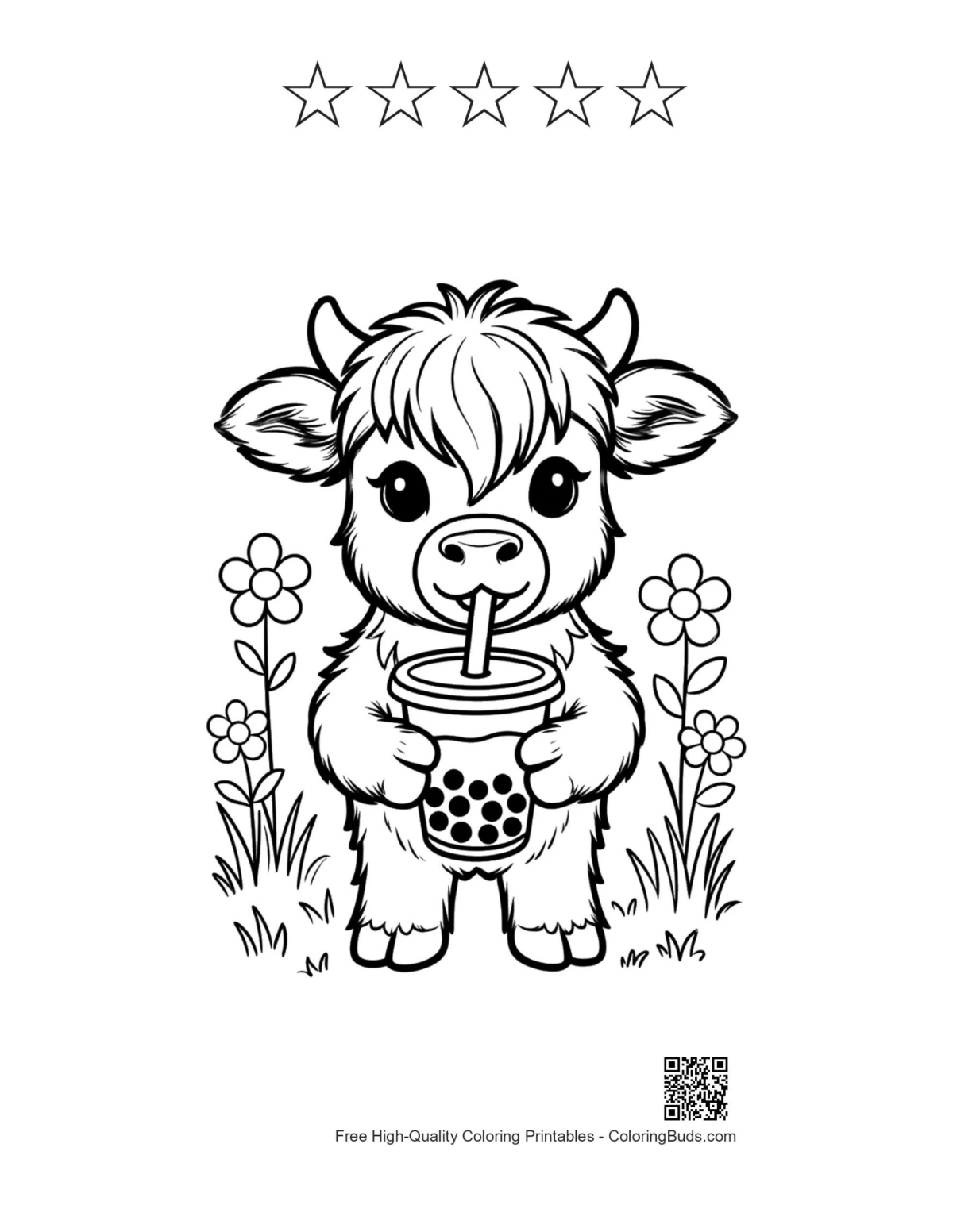 Highland Cow printable with 5 star outlines