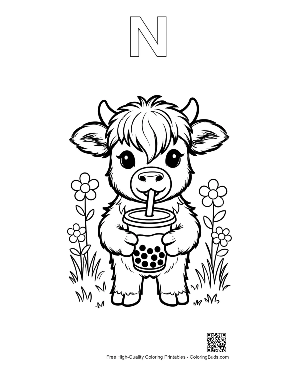 Highland Cow coloring page with alphabet N outline