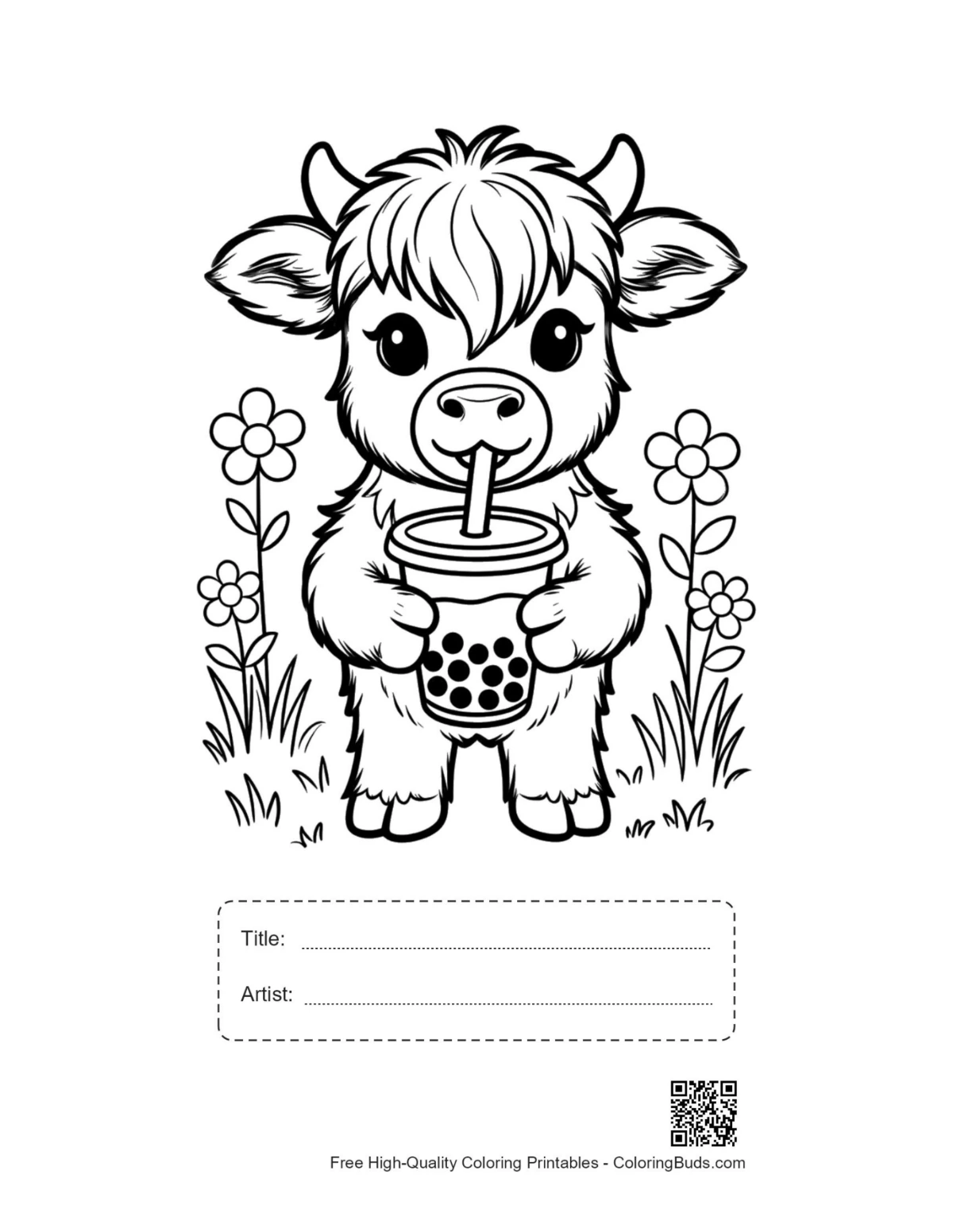 Printable Highland Cow page with title artist box
