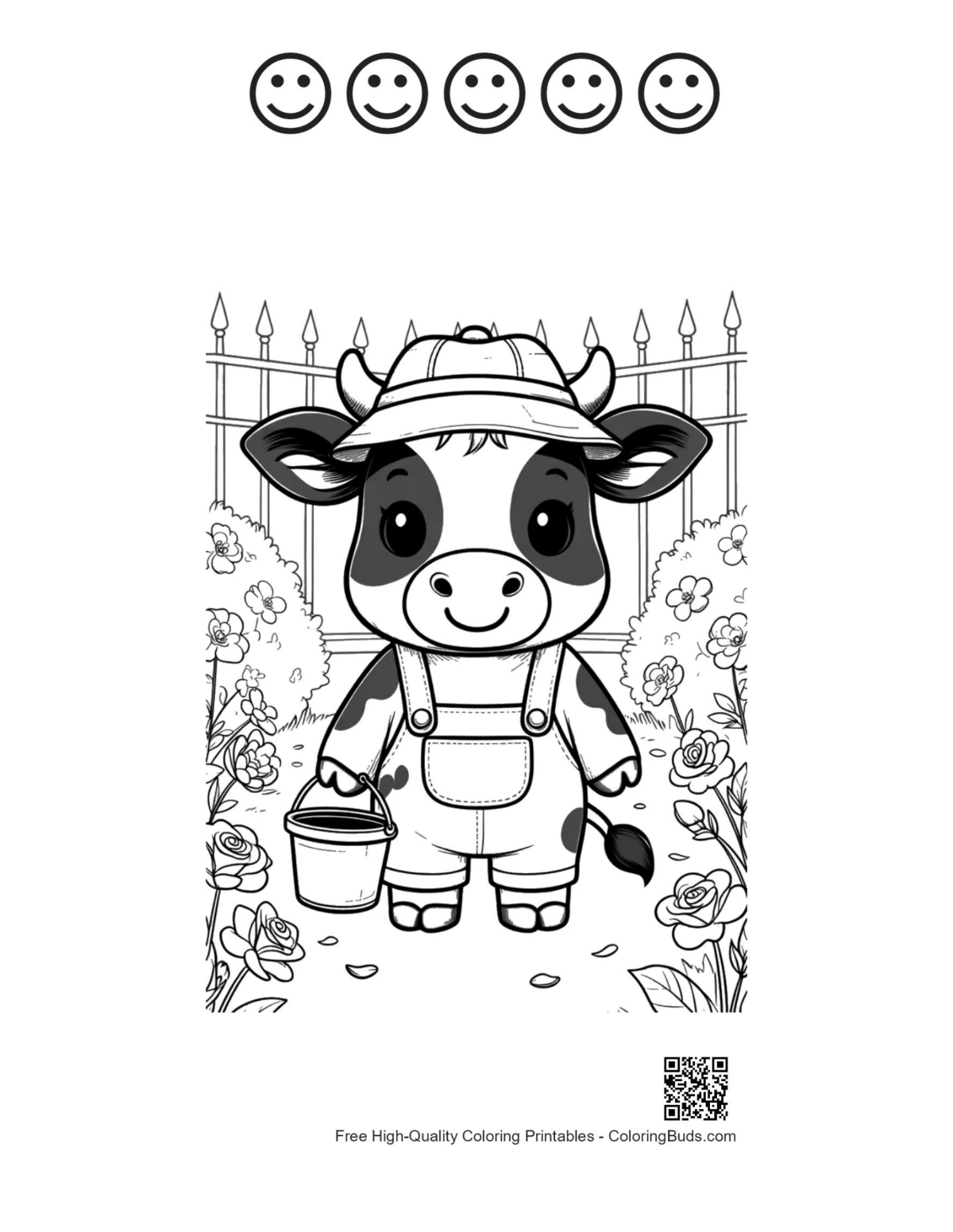 Easy cow coloring sheet with 5 happy faces