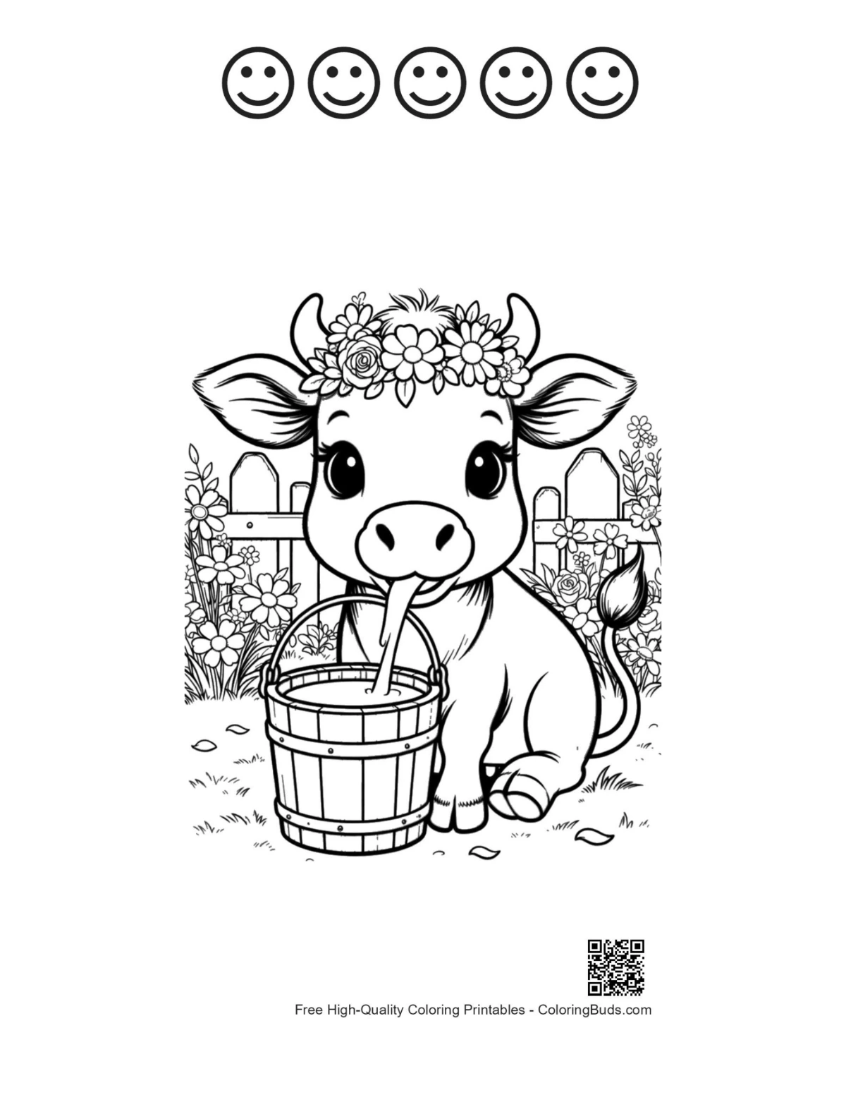 Holstein cow with 5 happy faces outline printable