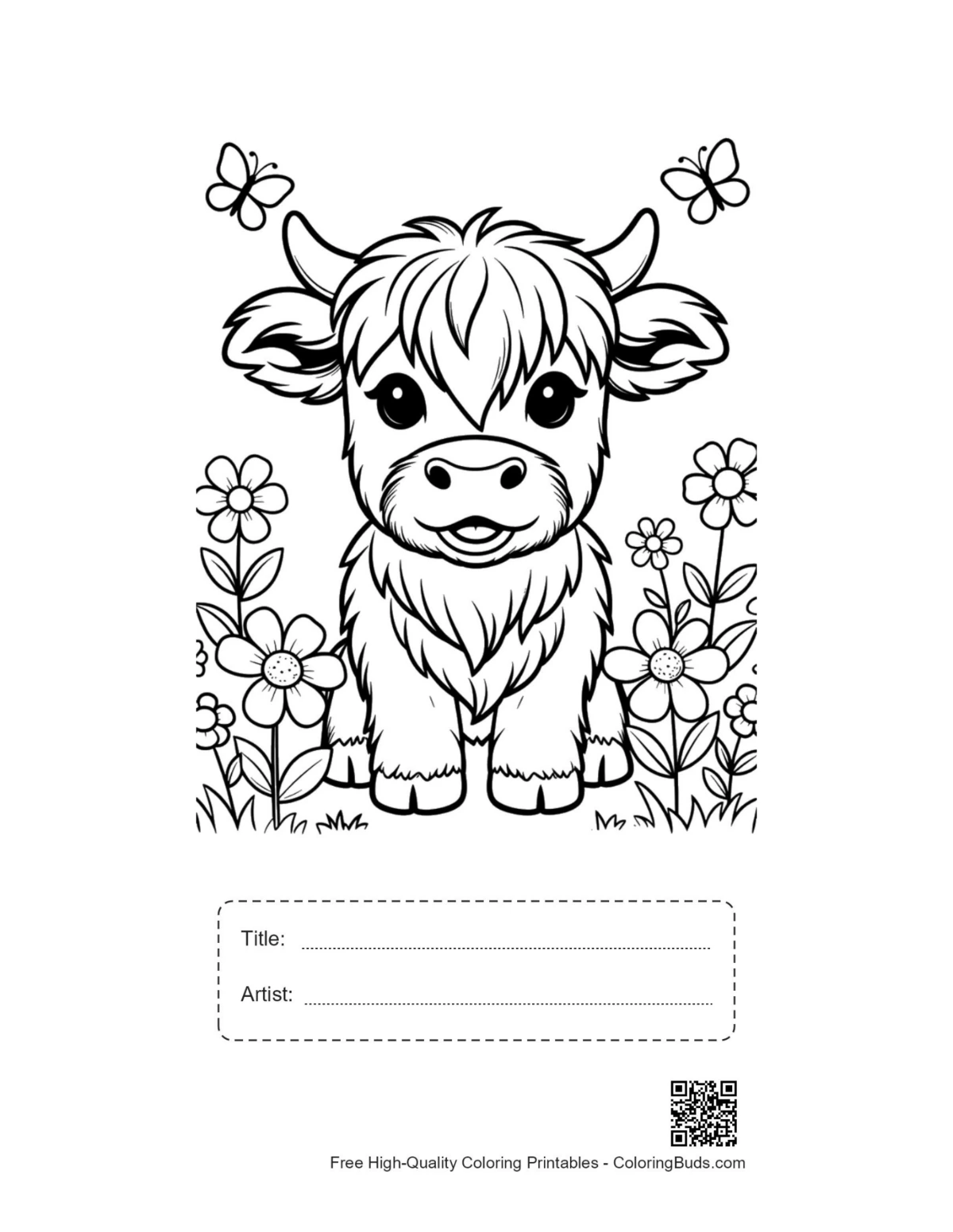 Fluffy baby Highland cow printable with title artist box