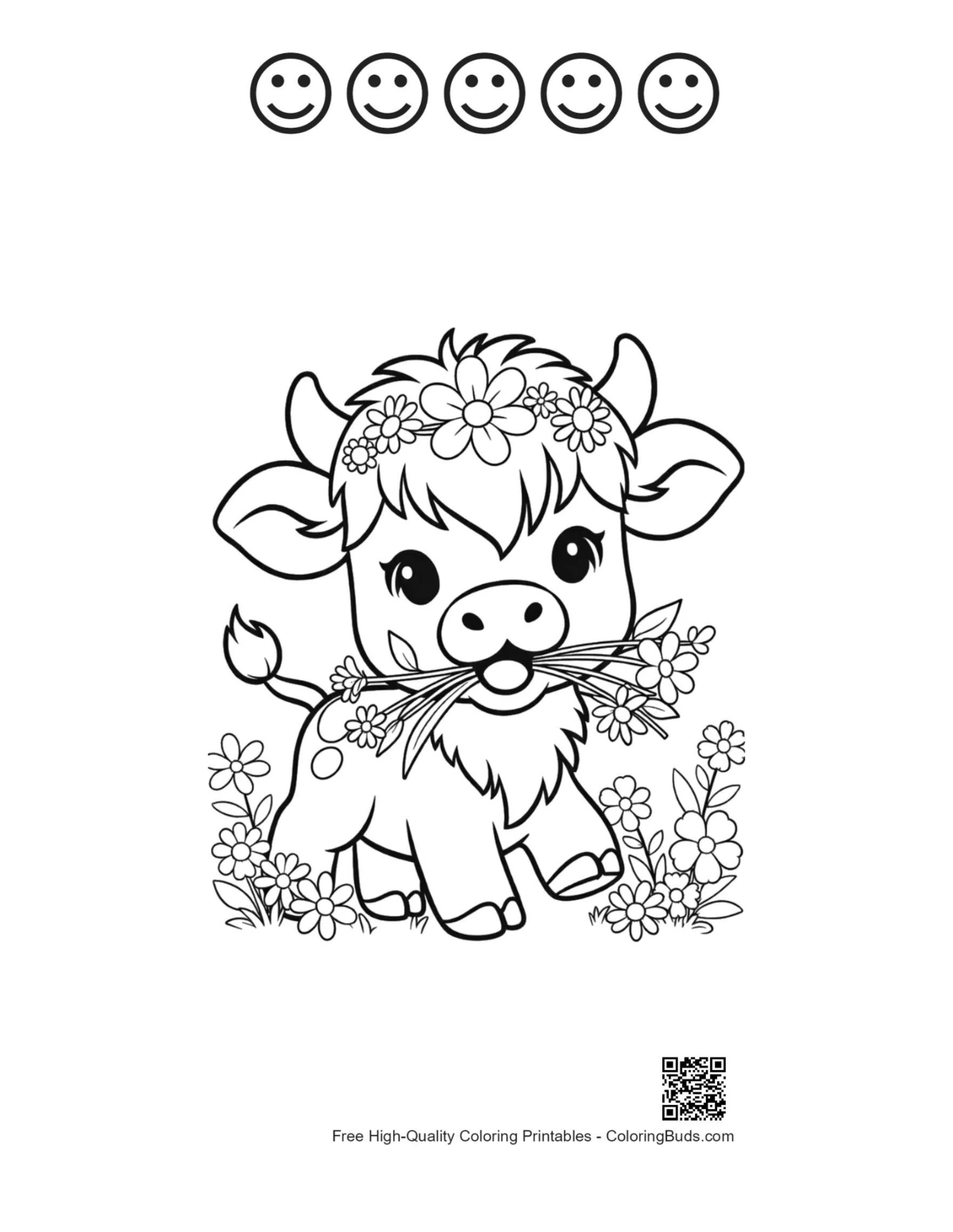 Cute Highland cow with 5 happy faces printable for kids